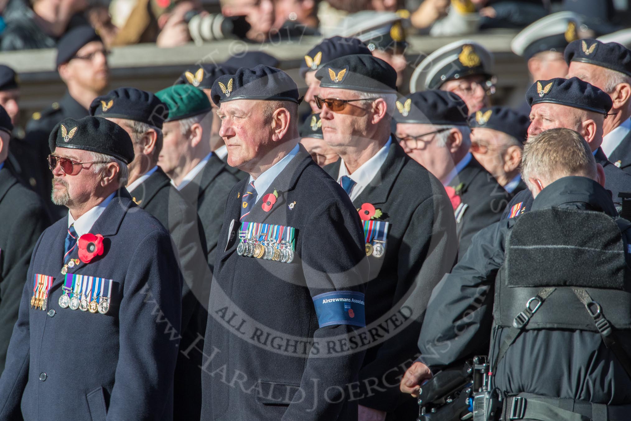 Aircrewmans Association  (Group E5, 44 members) during the Royal British Legion March Past on Remembrance Sunday at the Cenotaph, Whitehall, Westminster, London, 11 November 2018, 11:42.
