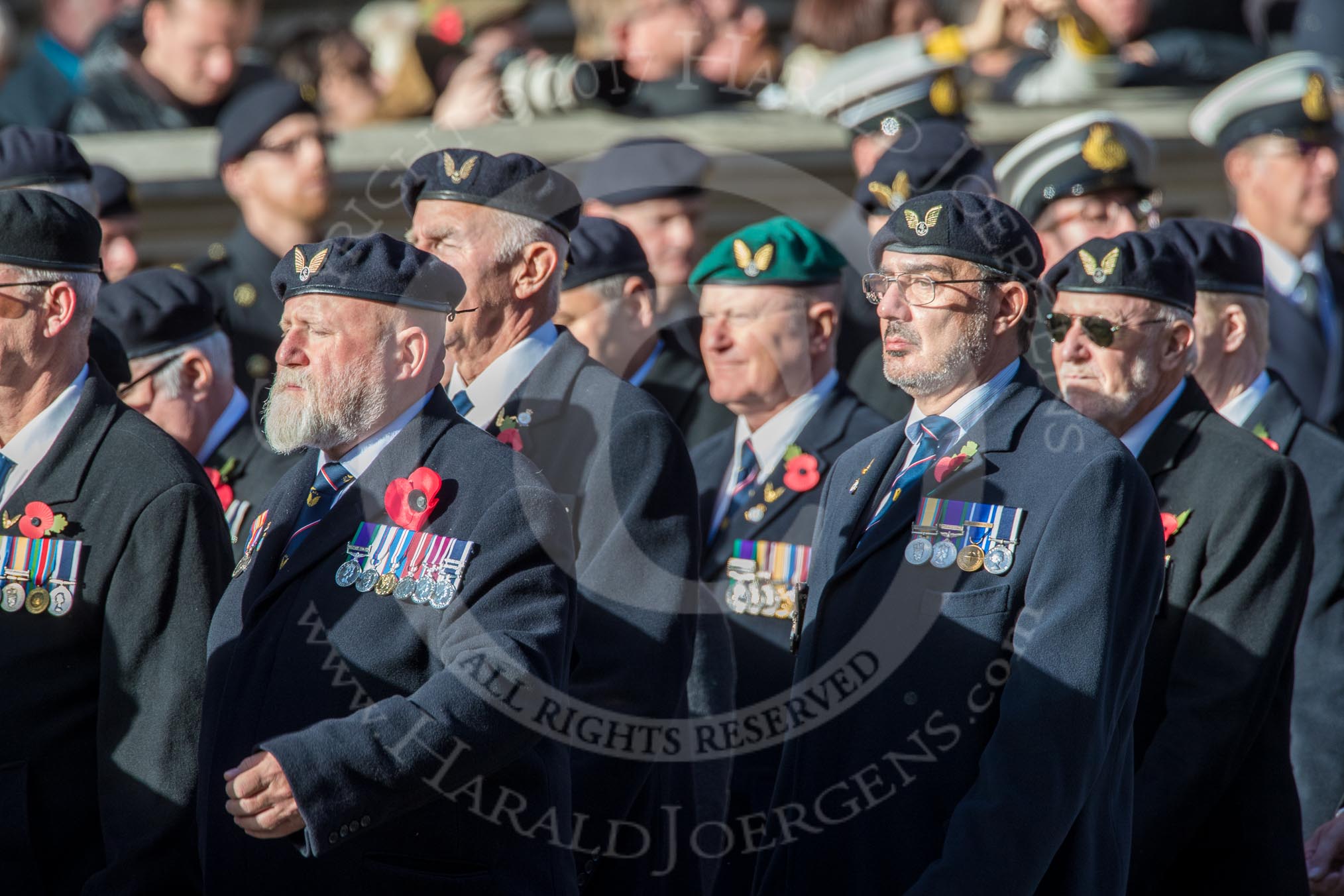 Aircrewmans Association  (Group E5, 44 members) during the Royal British Legion March Past on Remembrance Sunday at the Cenotaph, Whitehall, Westminster, London, 11 November 2018, 11:42.