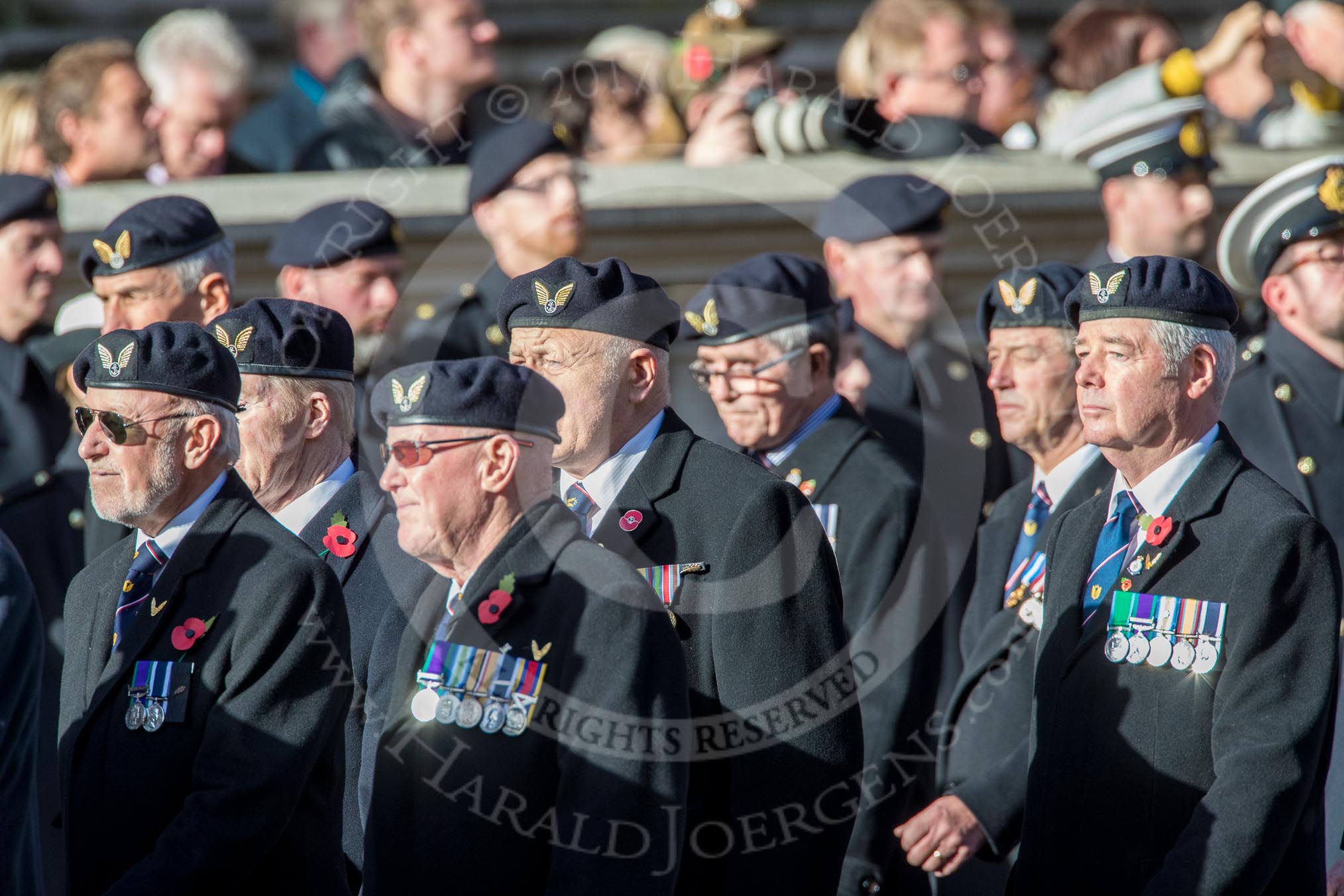 Aircrewmans Association  (Group E5, 44 members) during the Royal British Legion March Past on Remembrance Sunday at the Cenotaph, Whitehall, Westminster, London, 11 November 2018, 11:42.