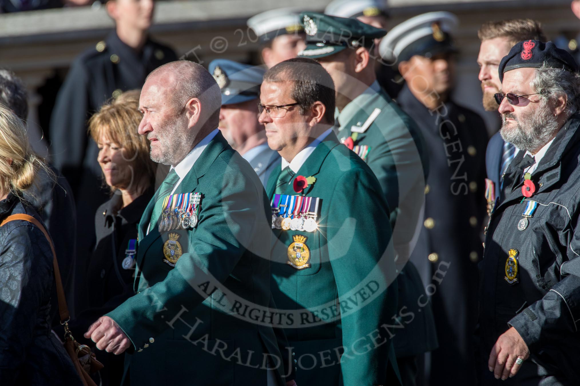 Fleet Air Arm Junglies Association  (Group E12, 22 members) during the Royal British Legion March Past on Remembrance Sunday at the Cenotaph, Whitehall, Westminster, London, 11 November 2018, 11:43.