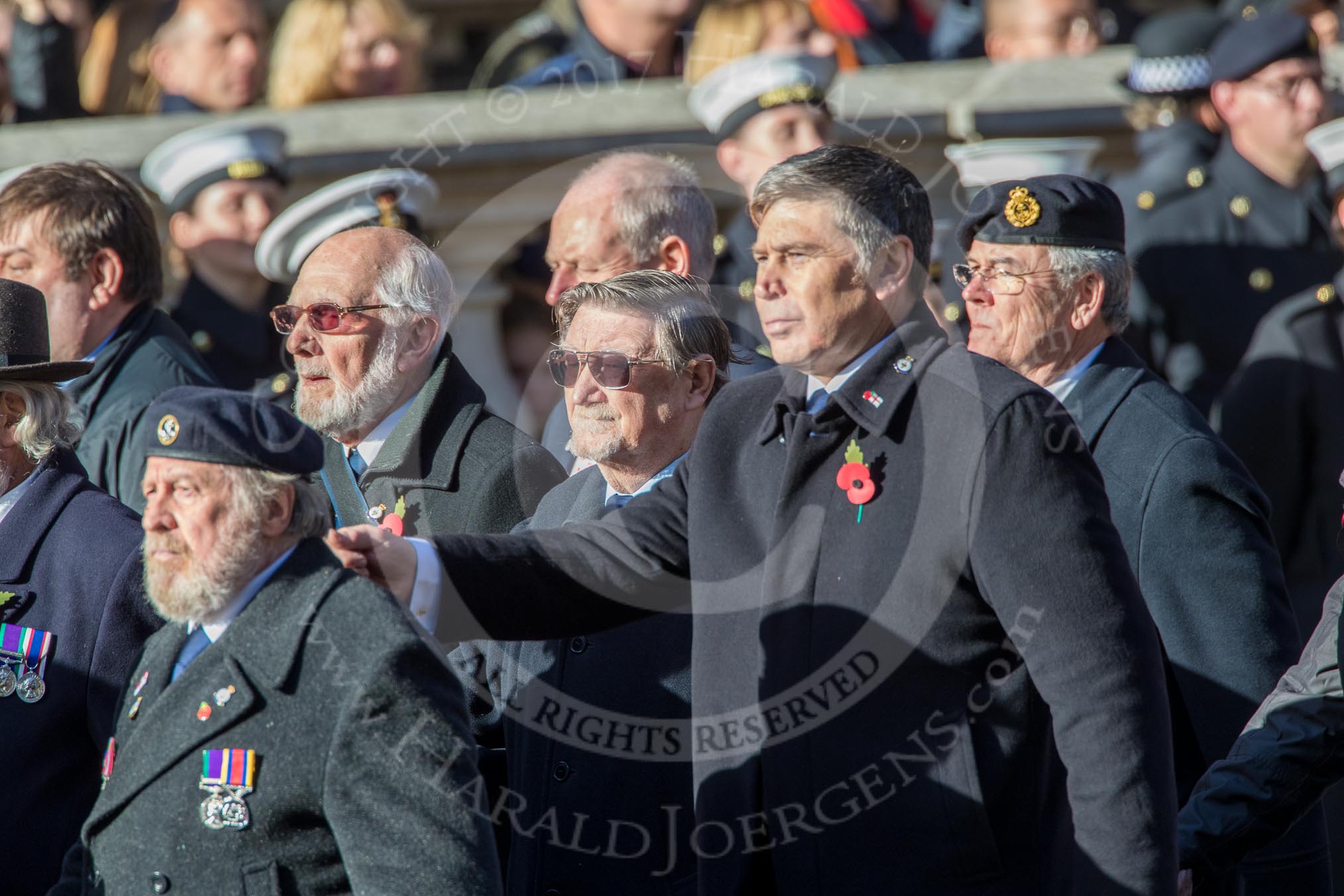 Fleet Air Arm Safety Equipment & Survival Association  (Group E14, 22 members) during the Royal British Legion March Past on Remembrance Sunday at the Cenotaph, Whitehall, Westminster, London, 11 November 2018, 11:43.