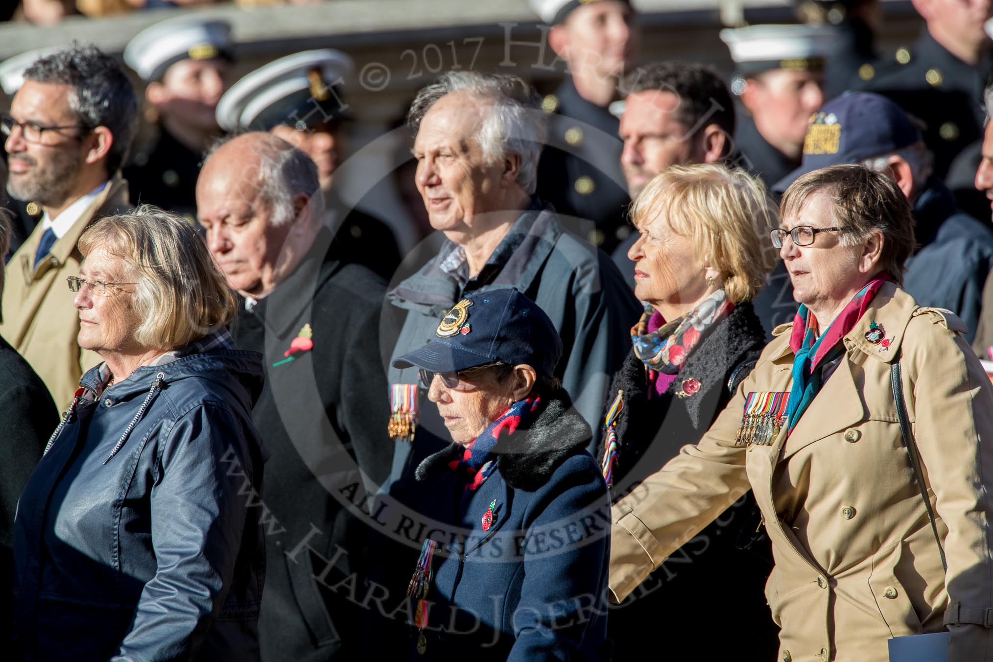 Flower Class Corvette Association  (Group E16, 18 members) during the Royal British Legion March Past on Remembrance Sunday at the Cenotaph, Whitehall, Westminster, London, 11 November 2018, 11:43.