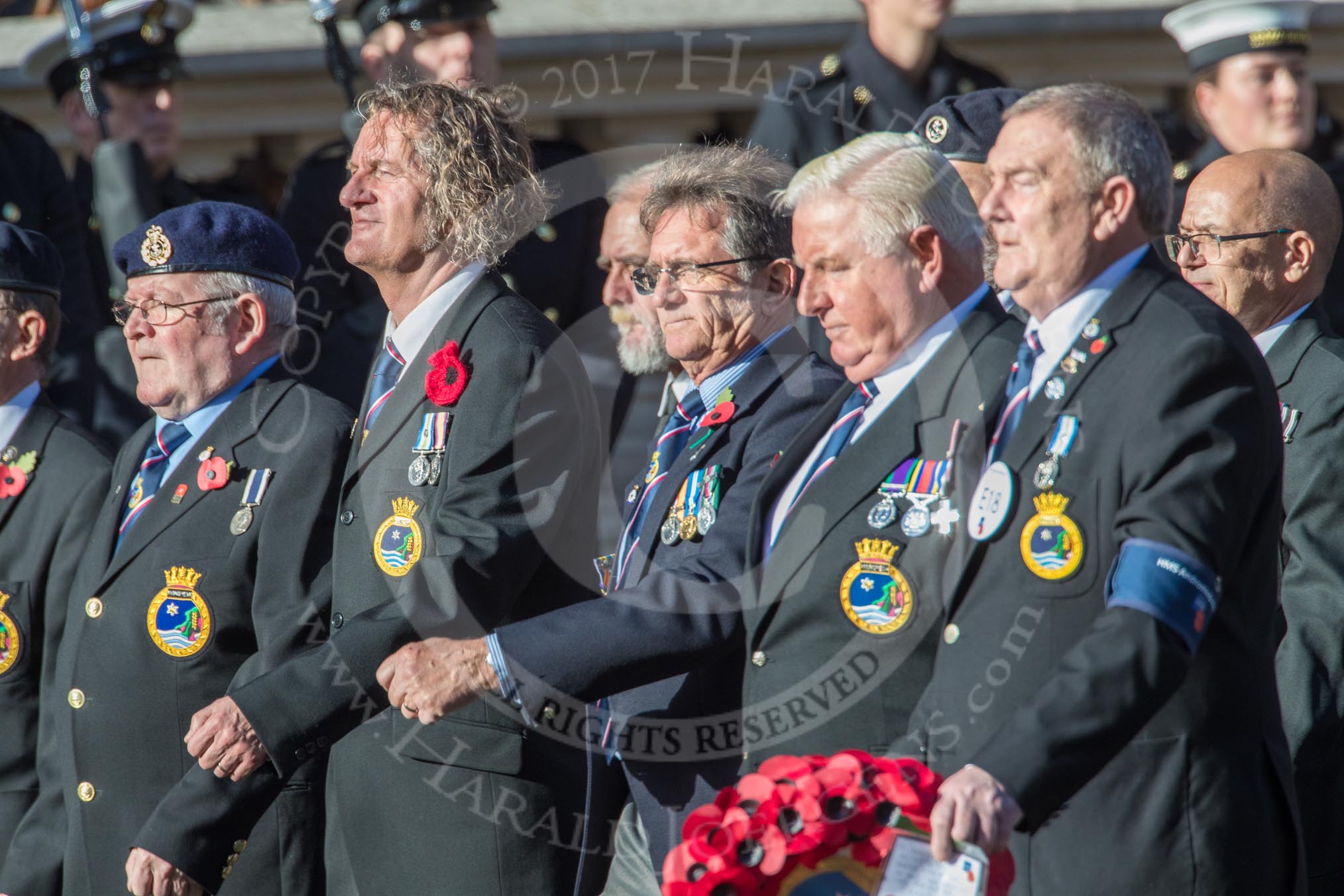 HMS Andromeda Association  (Group E18, 19 members) during the Royal British Legion March Past on Remembrance Sunday at the Cenotaph, Whitehall, Westminster, London, 11 November 2018, 11:43.