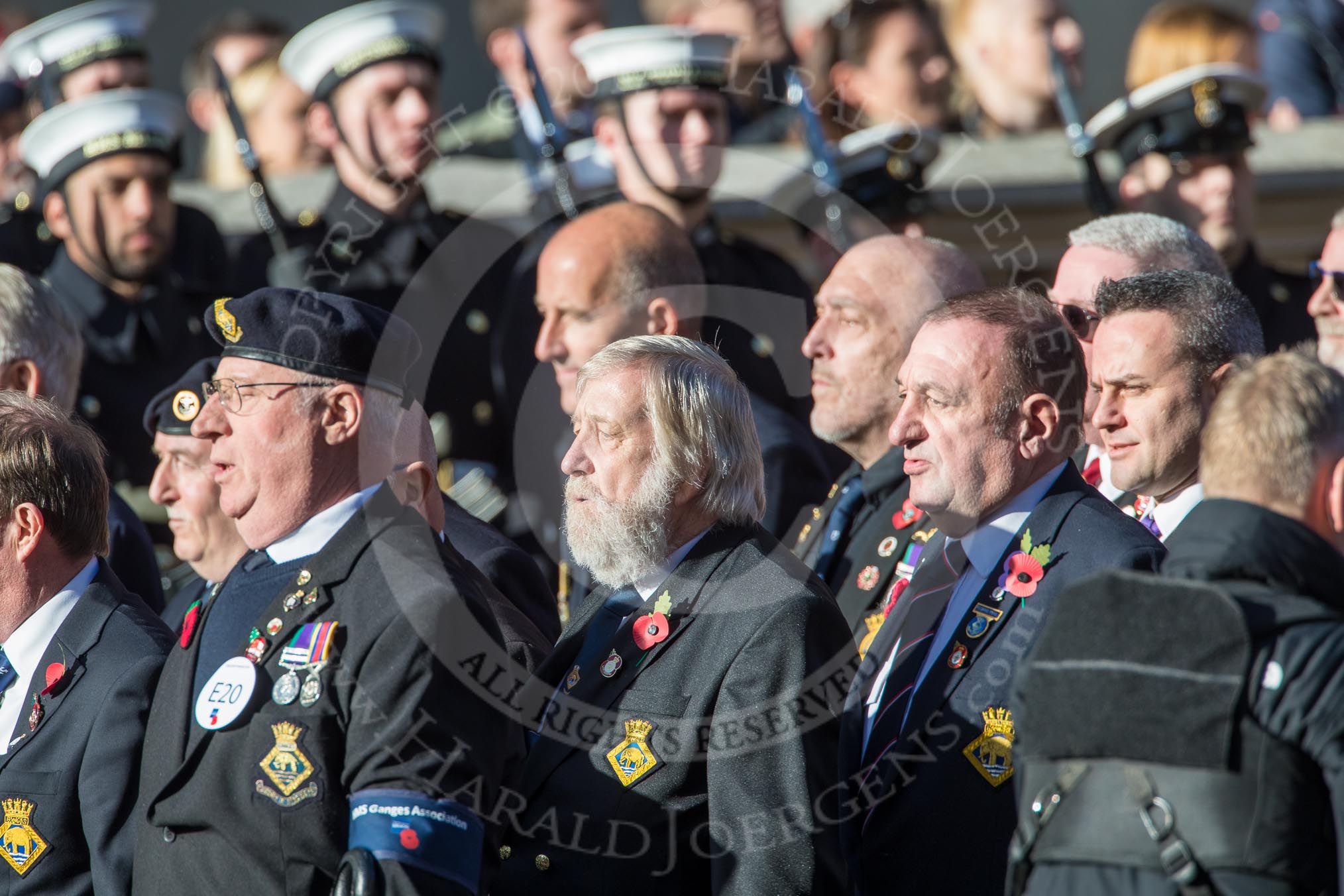 HMS Ganges Association  (Group E20, 30 members) during the Royal British Legion March Past on Remembrance Sunday at the Cenotaph, Whitehall, Westminster, London, 11 November 2018, 11:44.