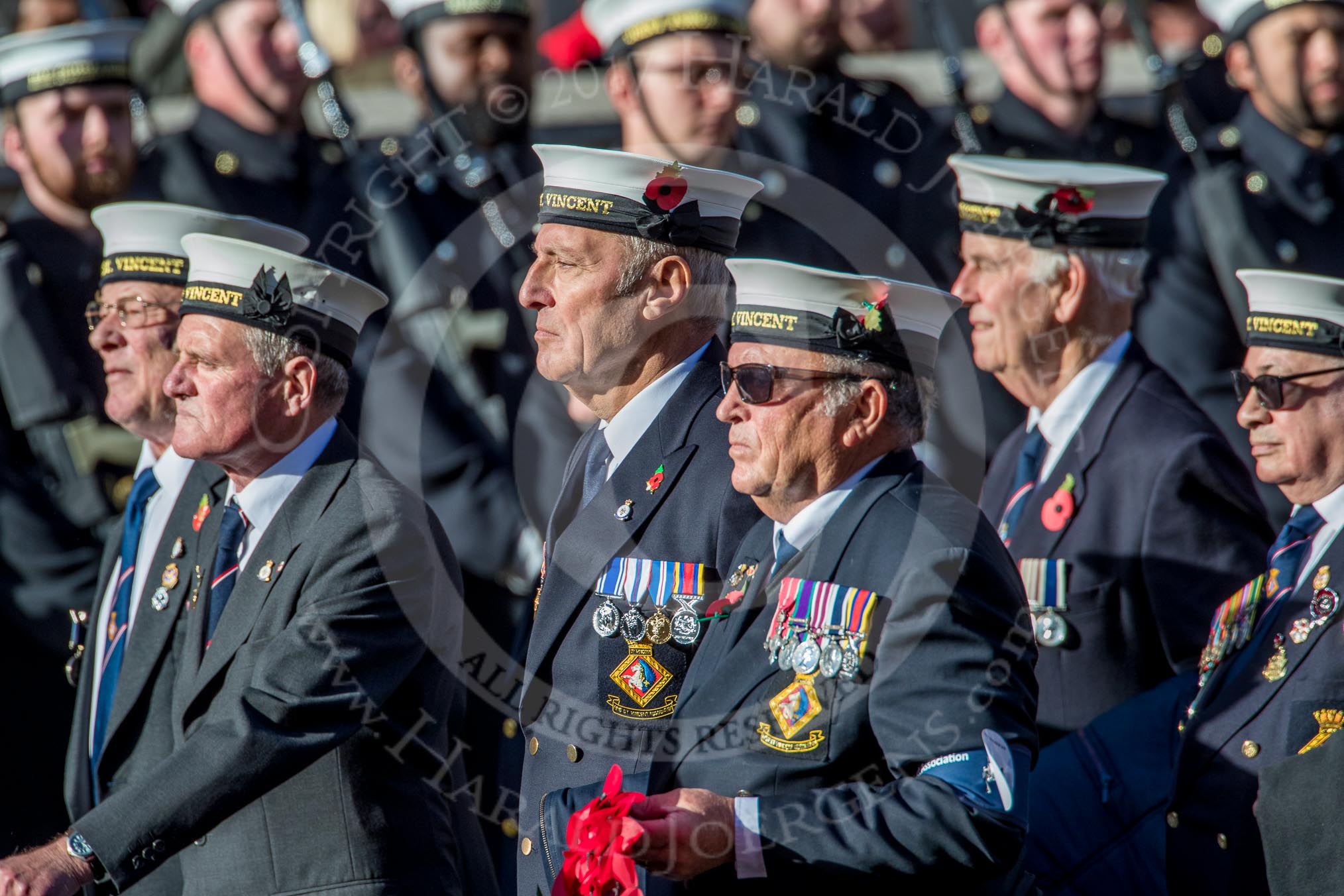 HMS St. Vincent Association  (Group E24, 14 members) during the Royal British Legion March Past on Remembrance Sunday at the Cenotaph, Whitehall, Westminster, London, 11 November 2018, 11:44.