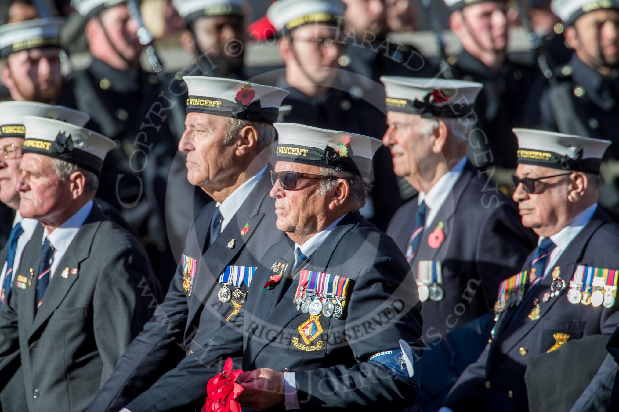 HMS St. Vincent Association  (Group E24, 14 members) during the Royal British Legion March Past on Remembrance Sunday at the Cenotaph, Whitehall, Westminster, London, 11 November 2018, 11:44.