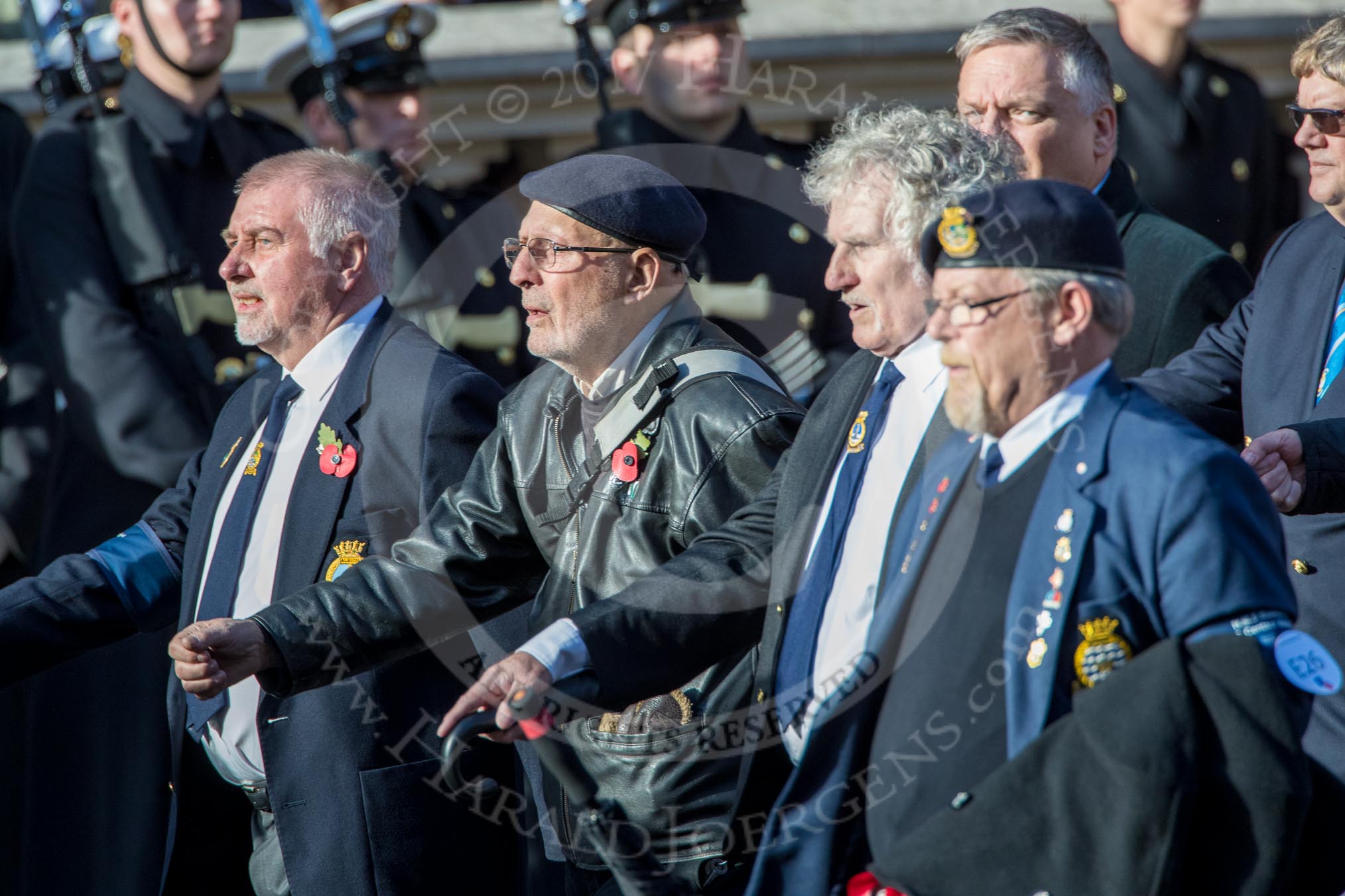 HMS Bulwark, Albion & Centaur Association  (Group E26, 6 members) during the Royal British Legion March Past on Remembrance Sunday at the Cenotaph, Whitehall, Westminster, London, 11 November 2018, 11:44.