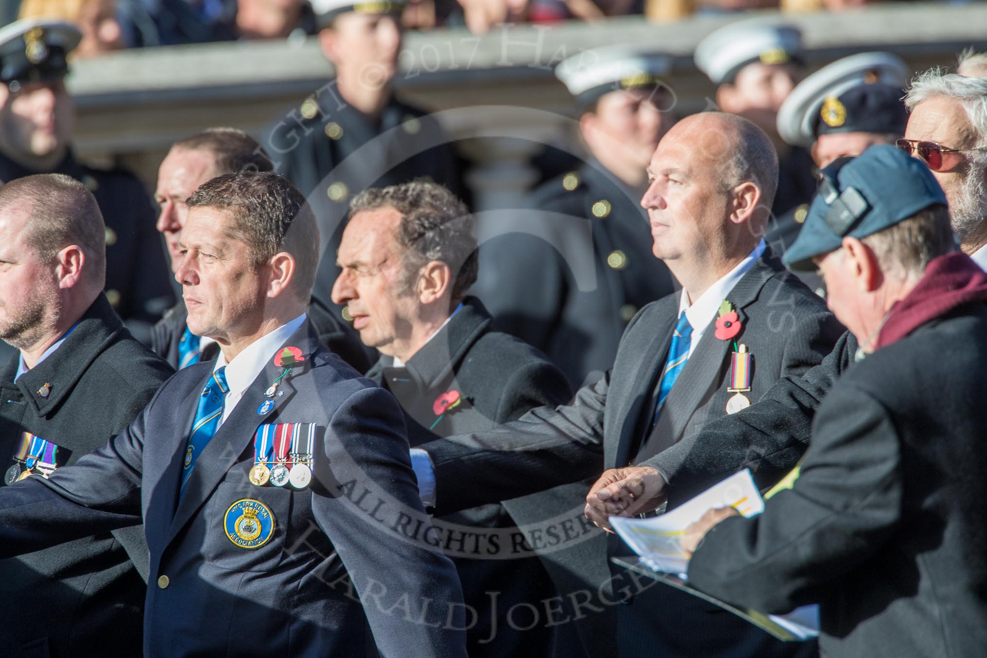 HMS Ark Royal Association  (Group E27, 28 members) during the Royal British Legion March Past on Remembrance Sunday at the Cenotaph, Whitehall, Westminster, London, 11 November 2018, 11:44.