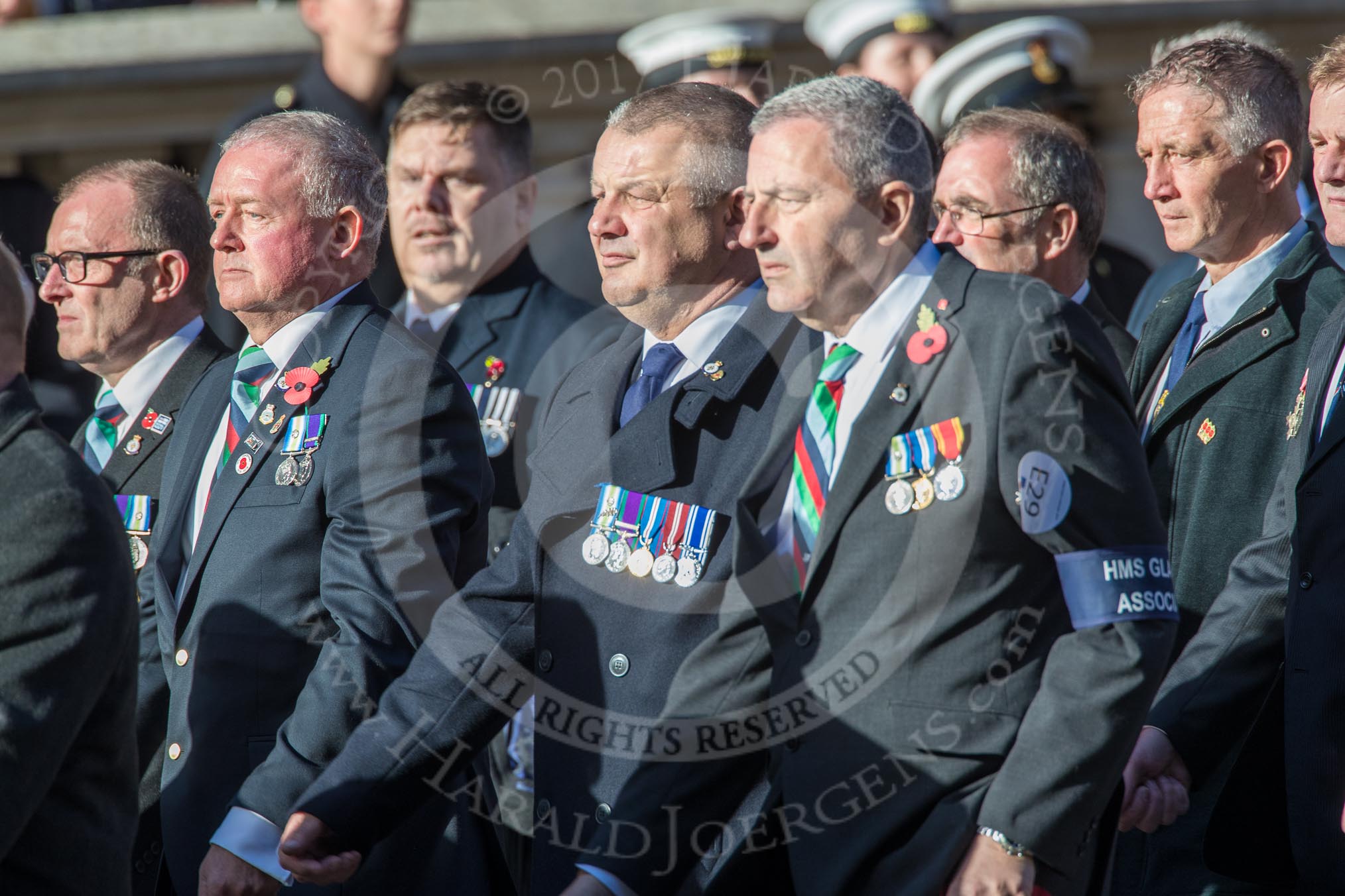 HMS Glasgow Association  (Group E29, 29 members) during the Royal British Legion March Past on Remembrance Sunday at the Cenotaph, Whitehall, Westminster, London, 11 November 2018, 11:44.