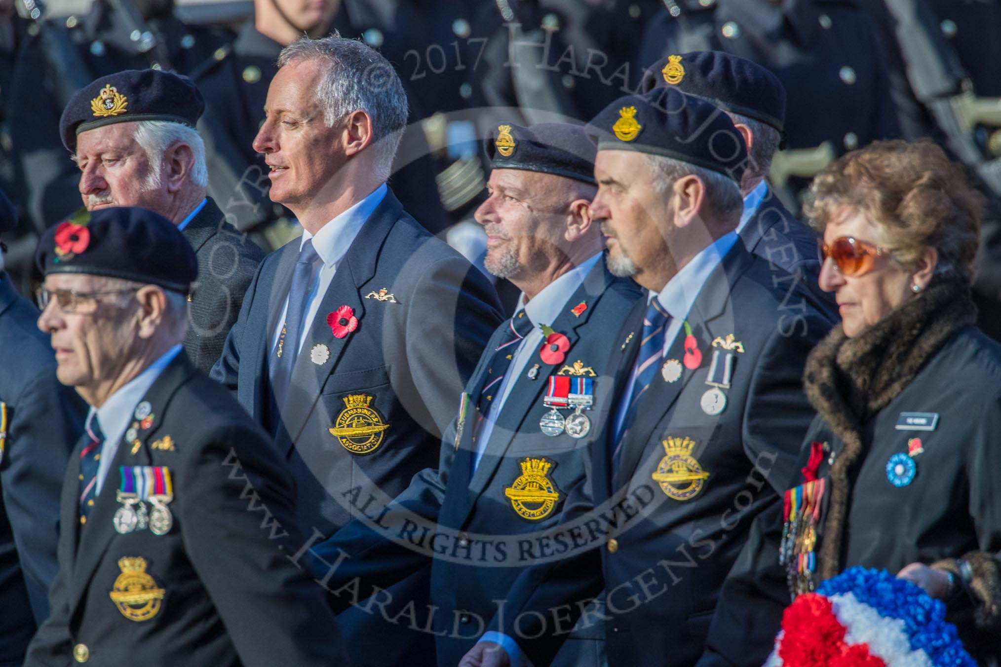 Submariners Association (Group E38, 28 members) during the Royal British Legion March Past on Remembrance Sunday at the Cenotaph, Whitehall, Westminster, London, 11 November 2018, 11:46.
