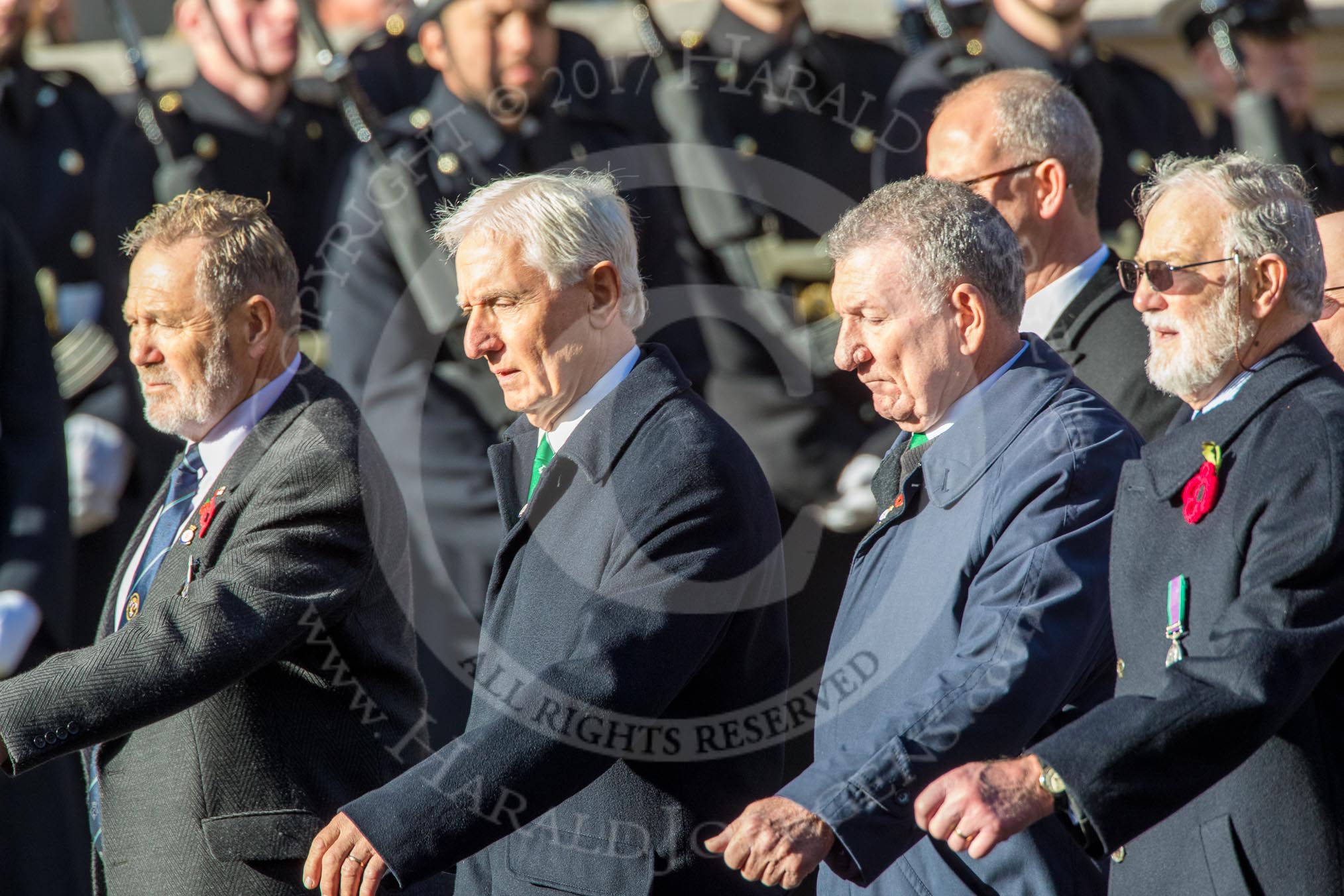 The Fisgard Association  (Group E42, 35 members) during the Royal British Legion March Past on Remembrance Sunday at the Cenotaph, Whitehall, Westminster, London, 11 November 2018, 11:46.