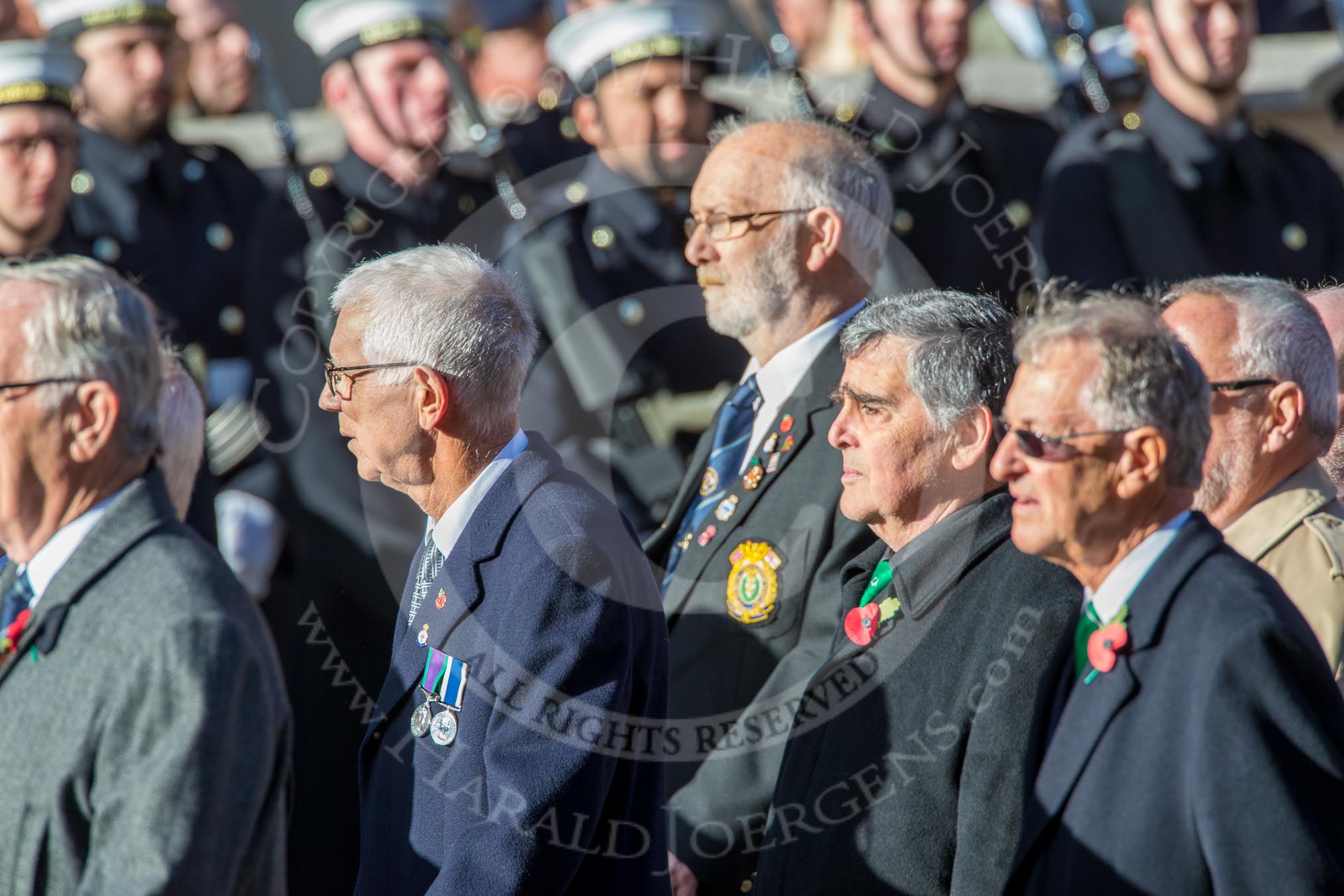 The Fisgard Association  (Group E42, 35 members) during the Royal British Legion March Past on Remembrance Sunday at the Cenotaph, Whitehall, Westminster, London, 11 November 2018, 11:46.