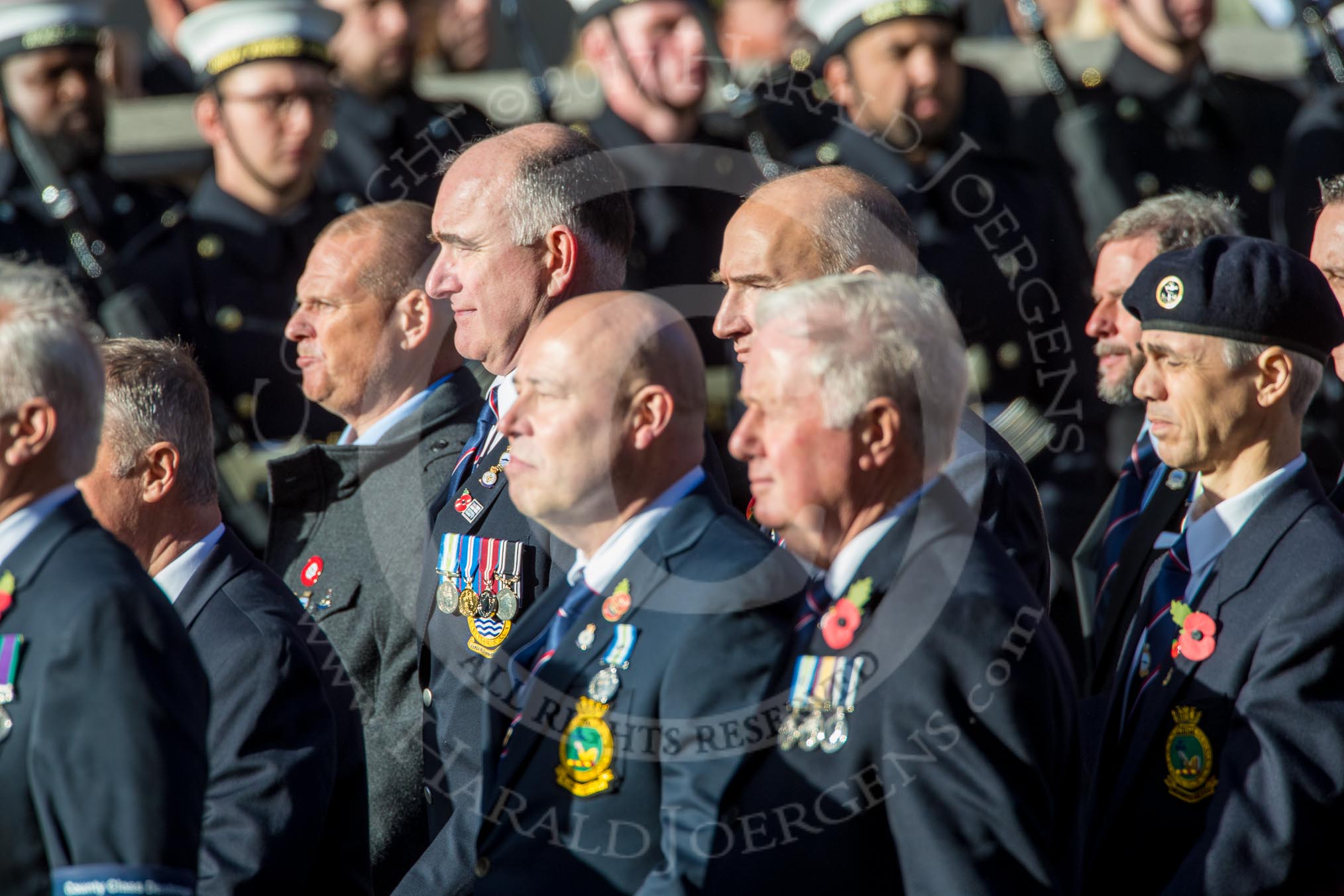 County Class Destroyer (Group E43, 30 members) during the Royal British Legion March Past on Remembrance Sunday at the Cenotaph, Whitehall, Westminster, London, 11 November 2018, 11:46.