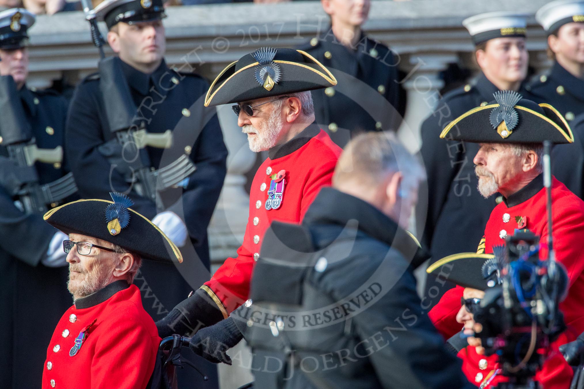 The Royal Hospital Chelsea (Group AA3, 30 members) during the Royal British Legion March Past on Remembrance Sunday at the Cenotaph, Whitehall, Westminster, London, 11 November 2018, 11:48.