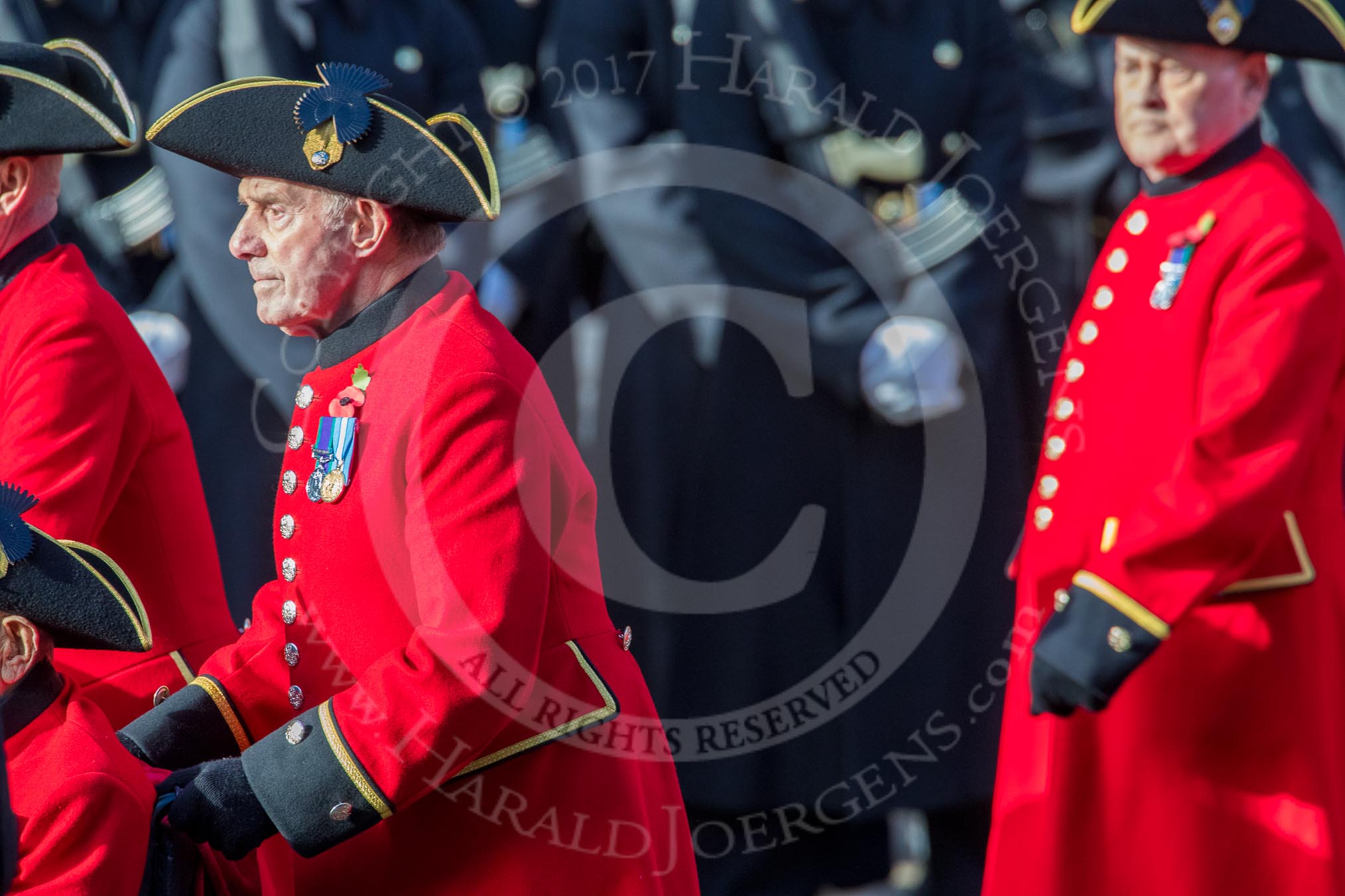 The Royal Hospital Chelsea (Group AA3, 30 members) during the Royal British Legion March Past on Remembrance Sunday at the Cenotaph, Whitehall, Westminster, London, 11 November 2018, 11:48.