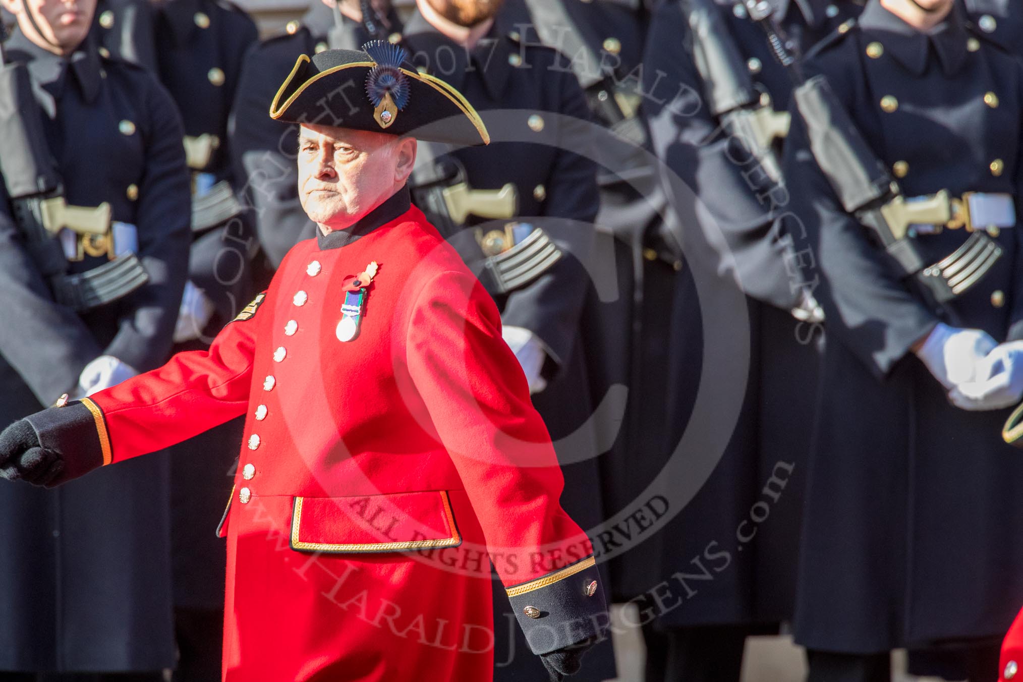 The Royal Hospital Chelsea (Group AA3, 30 members) during the Royal British Legion March Past on Remembrance Sunday at the Cenotaph, Whitehall, Westminster, London, 11 November 2018, 11:48.