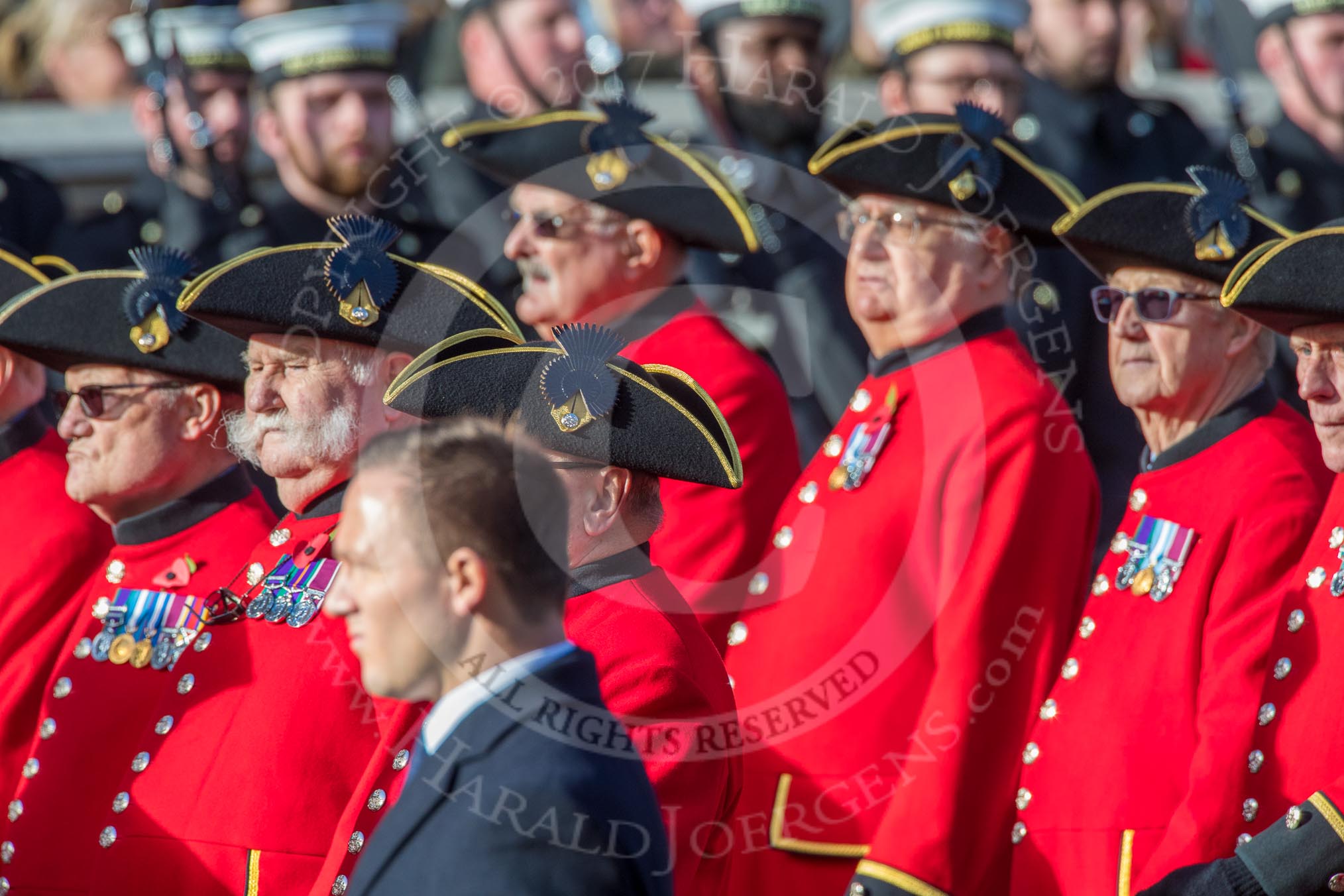 The Royal Hospital Chelsea (Group AA3, 30 members) during the Royal British Legion March Past on Remembrance Sunday at the Cenotaph, Whitehall, Westminster, London, 11 November 2018, 11:48.