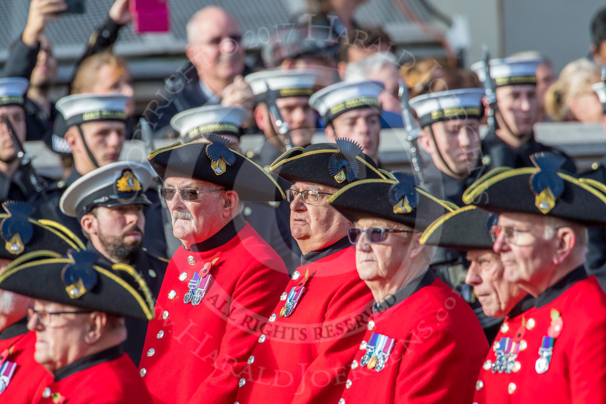The Royal Hospital Chelsea (Group AA3, 30 members) during the Royal British Legion March Past on Remembrance Sunday at the Cenotaph, Whitehall, Westminster, London, 11 November 2018, 11:48.