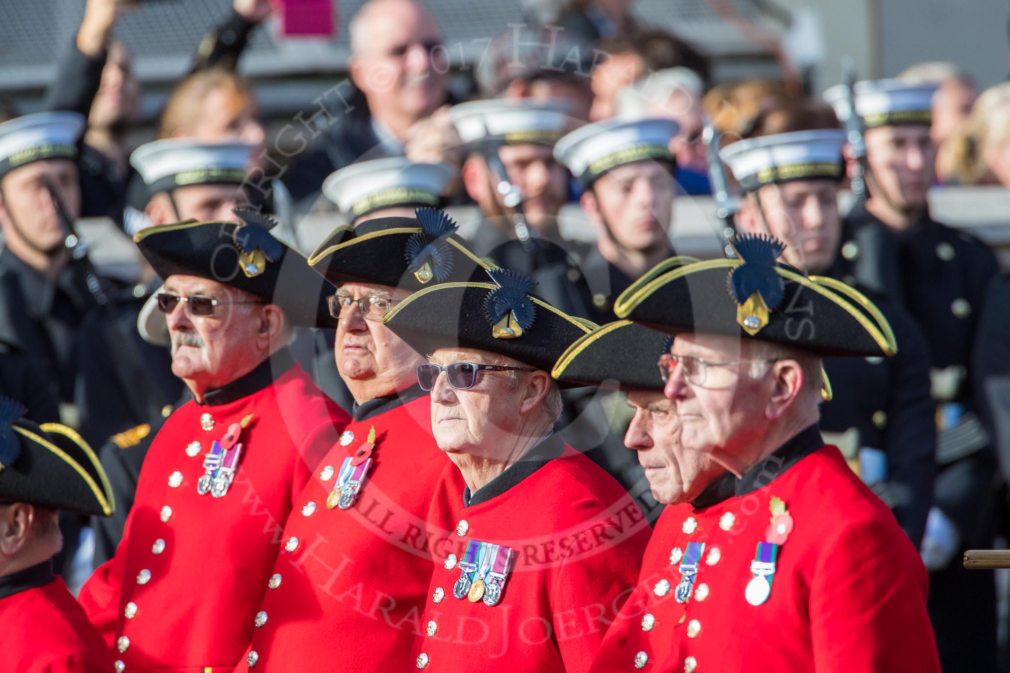 The Royal Hospital Chelsea (Group AA3, 30 members) during the Royal British Legion March Past on Remembrance Sunday at the Cenotaph, Whitehall, Westminster, London, 11 November 2018, 11:48.