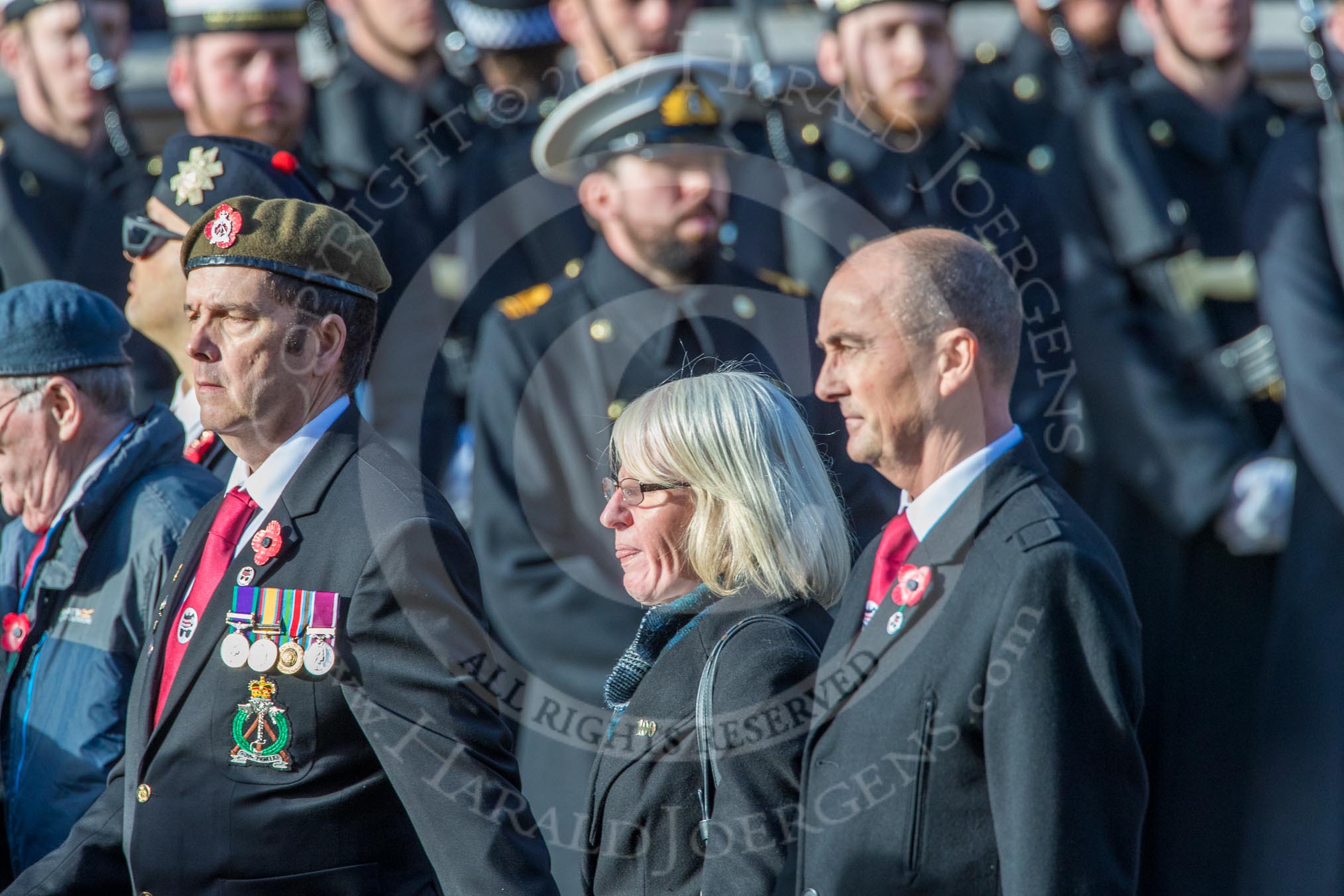 Scottish War Blinded (Group AA8, 21 members) during the Royal British Legion March Past on Remembrance Sunday at the Cenotaph, Whitehall, Westminster, London, 11 November 2018, 11:49.