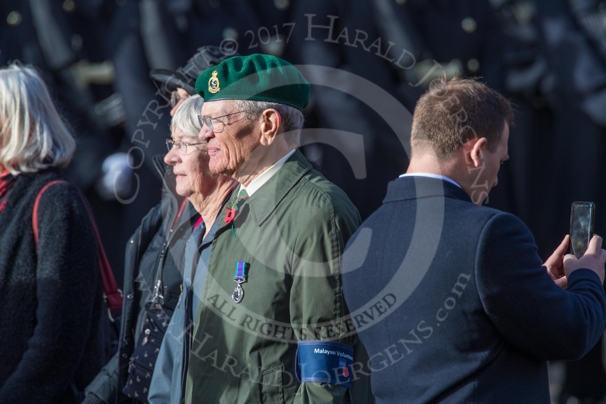 Malayan Volunteers Group (Group F13, 12 members) during the Royal British Legion March Past on Remembrance Sunday at the Cenotaph, Whitehall, Westminster, London, 11 November 2018, 11:51.
