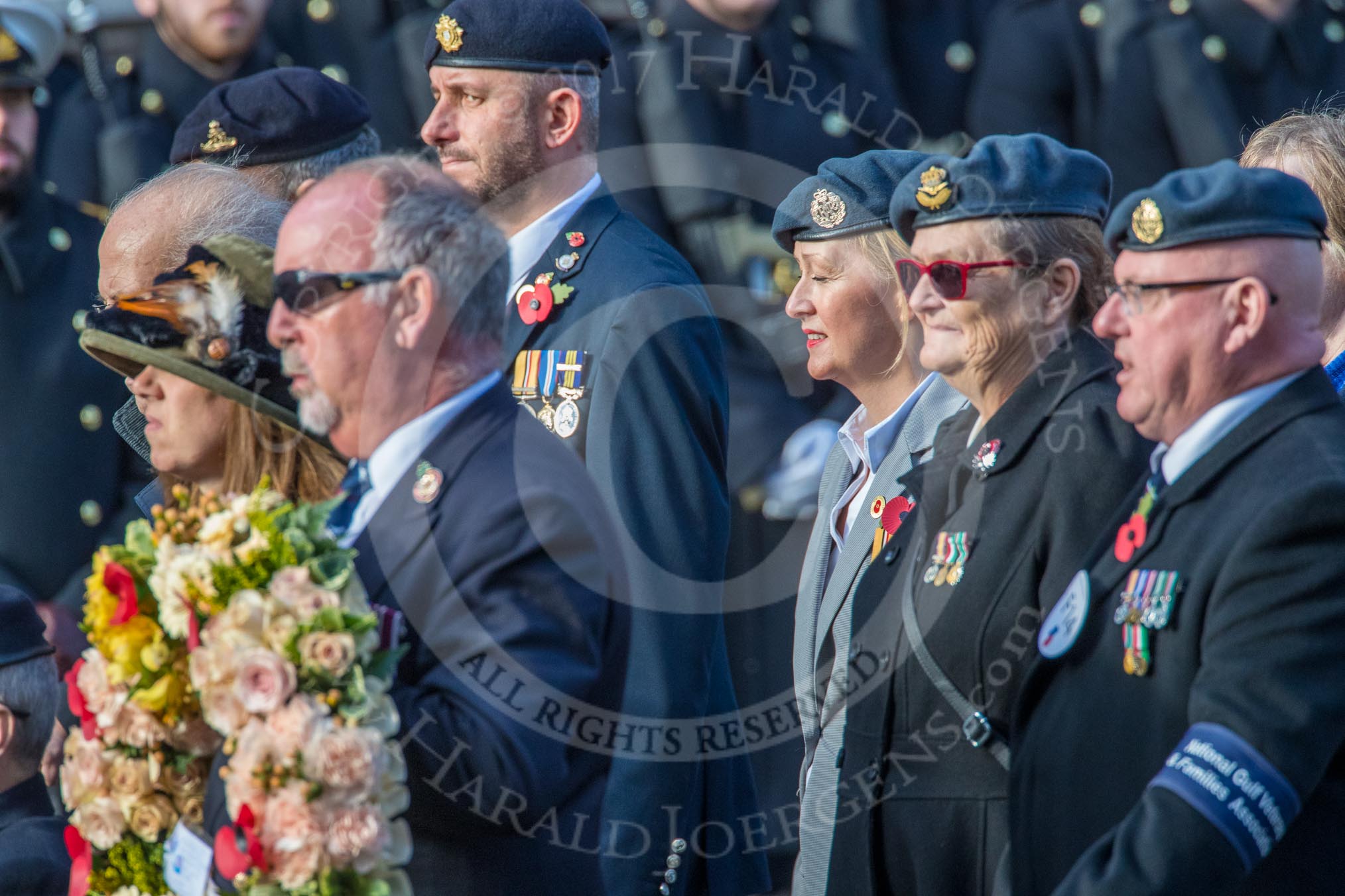 National Gulf Veterans and Families Association (Group F14, 25 members) during the Royal British Legion March Past on Remembrance Sunday at the Cenotaph, Whitehall, Westminster, London, 11 November 2018, 11:52.