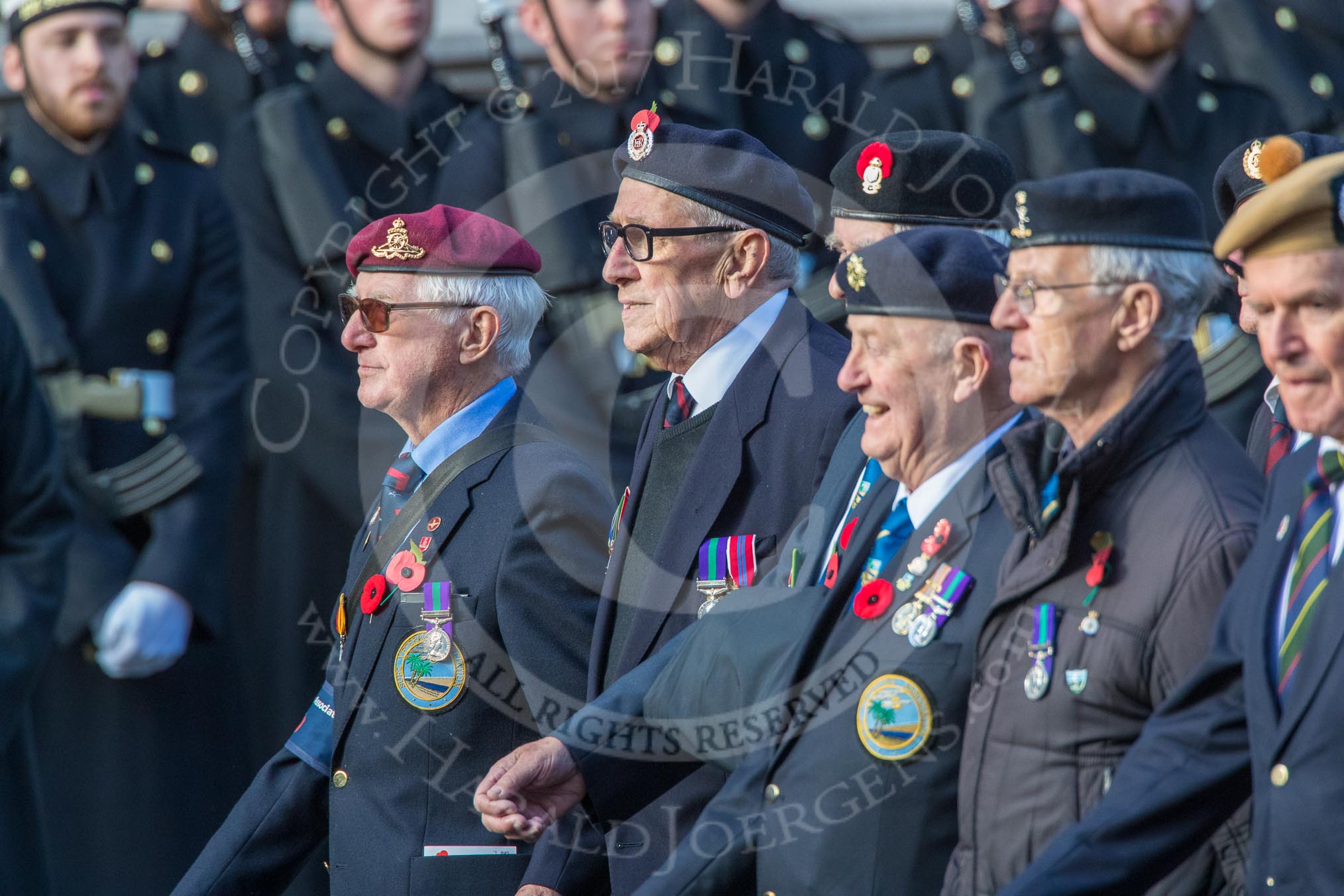 Suez Veterans' Association (Group F15, 32 members) during the Royal British Legion March Past on Remembrance Sunday at the Cenotaph, Whitehall, Westminster, London, 11 November 2018, 11:52.