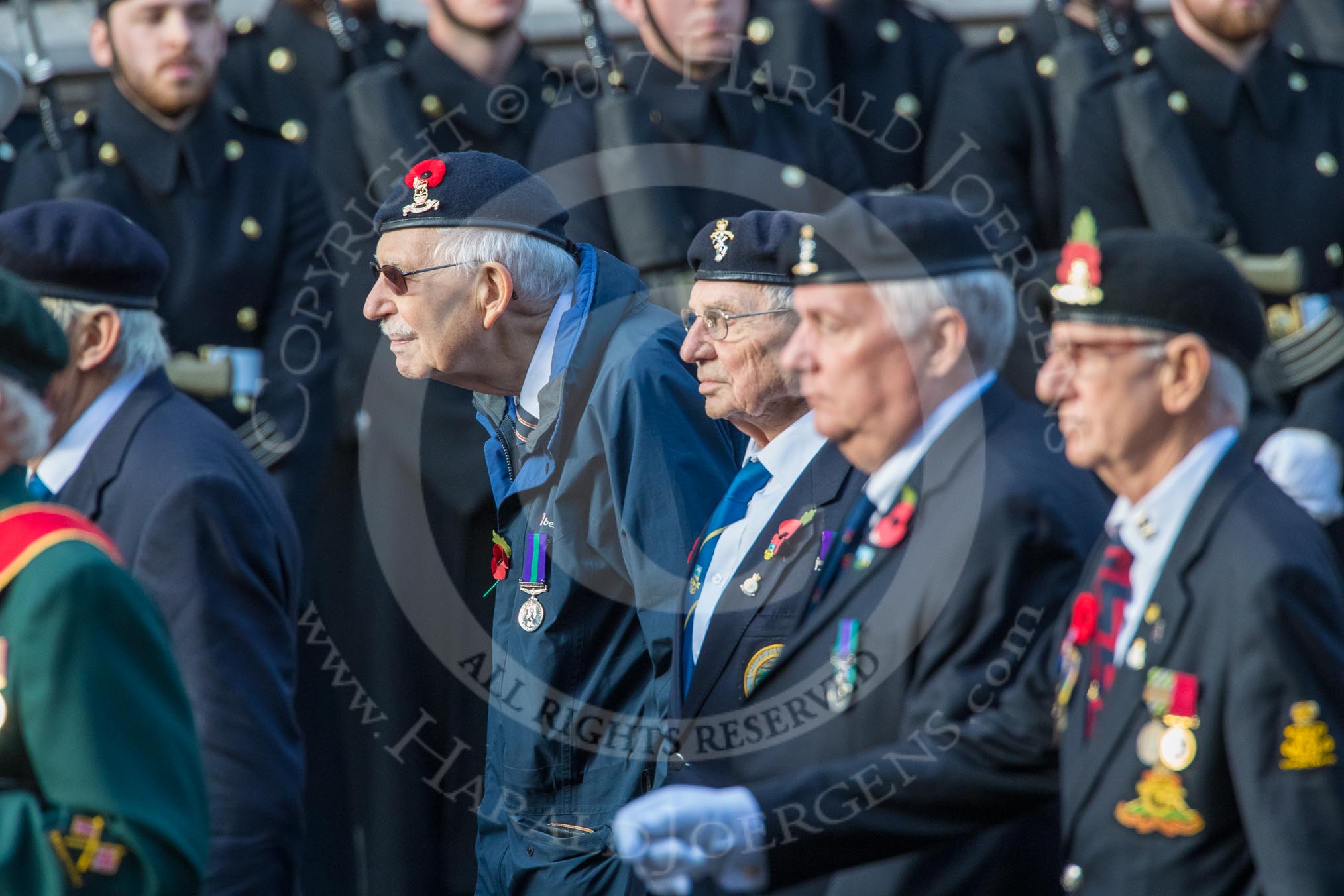 Suez Veterans' Association (Group F15, 32 members) during the Royal British Legion March Past on Remembrance Sunday at the Cenotaph, Whitehall, Westminster, London, 11 November 2018, 11:52.