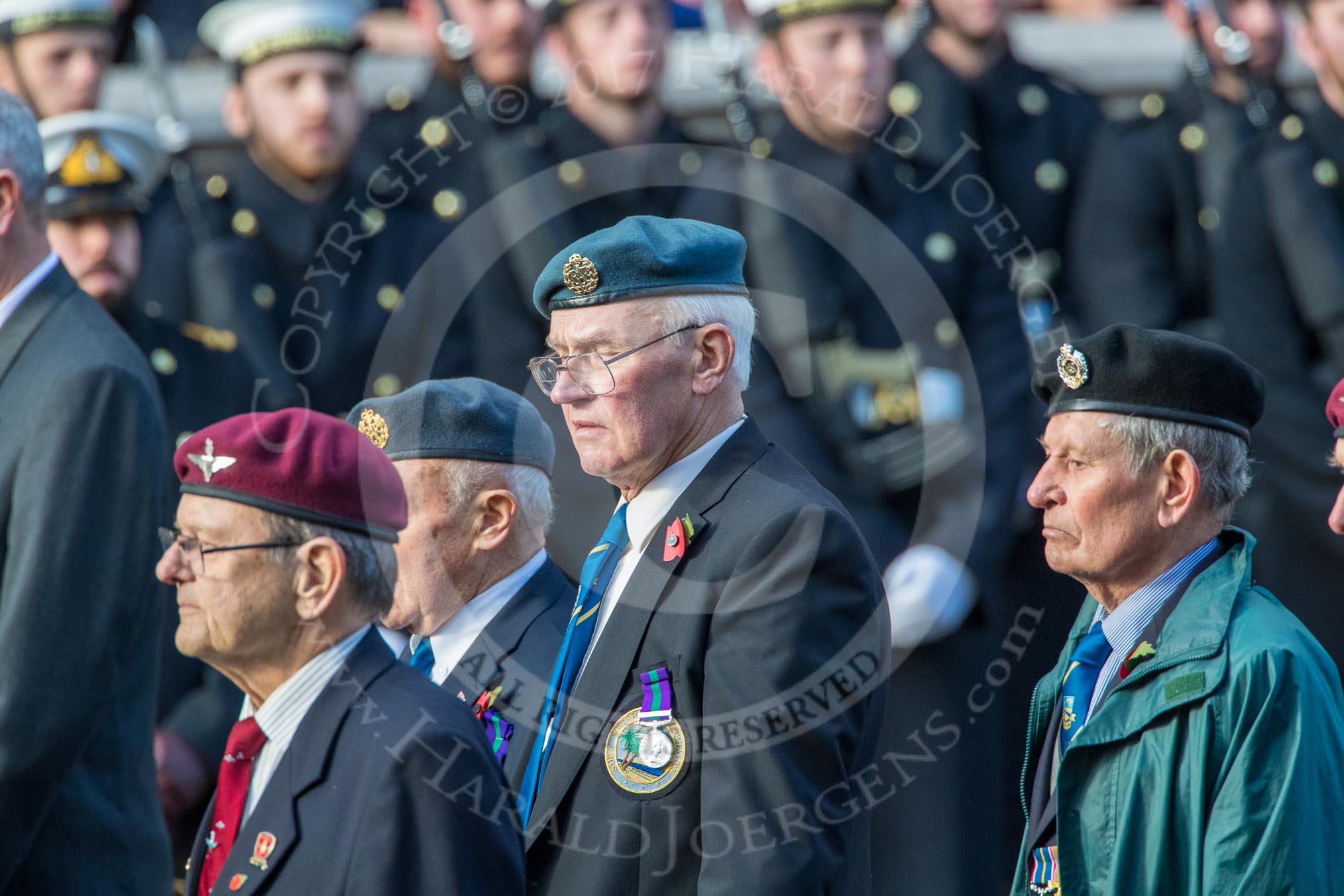 Suez Veterans' Association (Group F15, 32 members) during the Royal British Legion March Past on Remembrance Sunday at the Cenotaph, Whitehall, Westminster, London, 11 November 2018, 11:52.