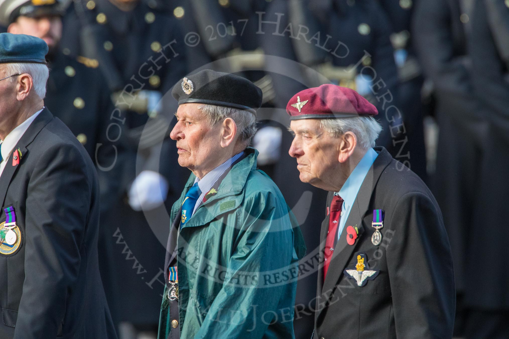 Suez Veterans' Association (Group F15, 32 members) during the Royal British Legion March Past on Remembrance Sunday at the Cenotaph, Whitehall, Westminster, London, 11 November 2018, 11:52.