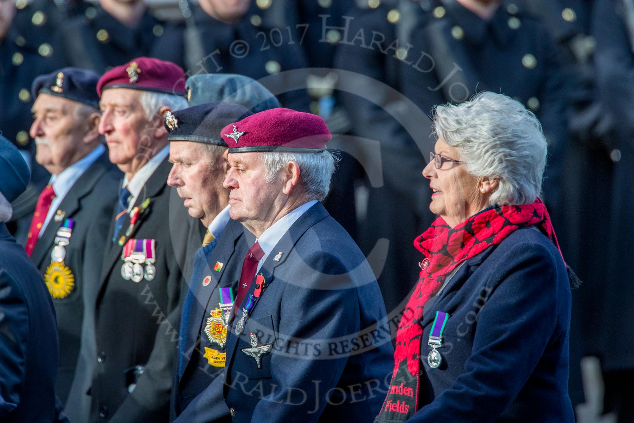 Aden Veterans Association (Group F16, 53 members) during the Royal British Legion March Past on Remembrance Sunday at the Cenotaph, Whitehall, Westminster, London, 11 November 2018, 11:52.