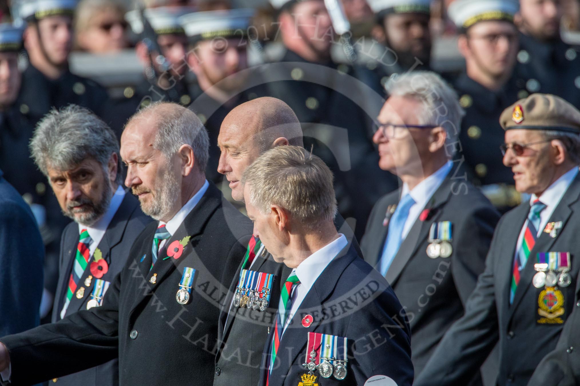 The South Atlantic Medal Association 1982 (Group F17, 150 members) during the Royal British Legion March Past on Remembrance Sunday at the Cenotaph, Whitehall, Westminster, London, 11 November 2018, 11:52.