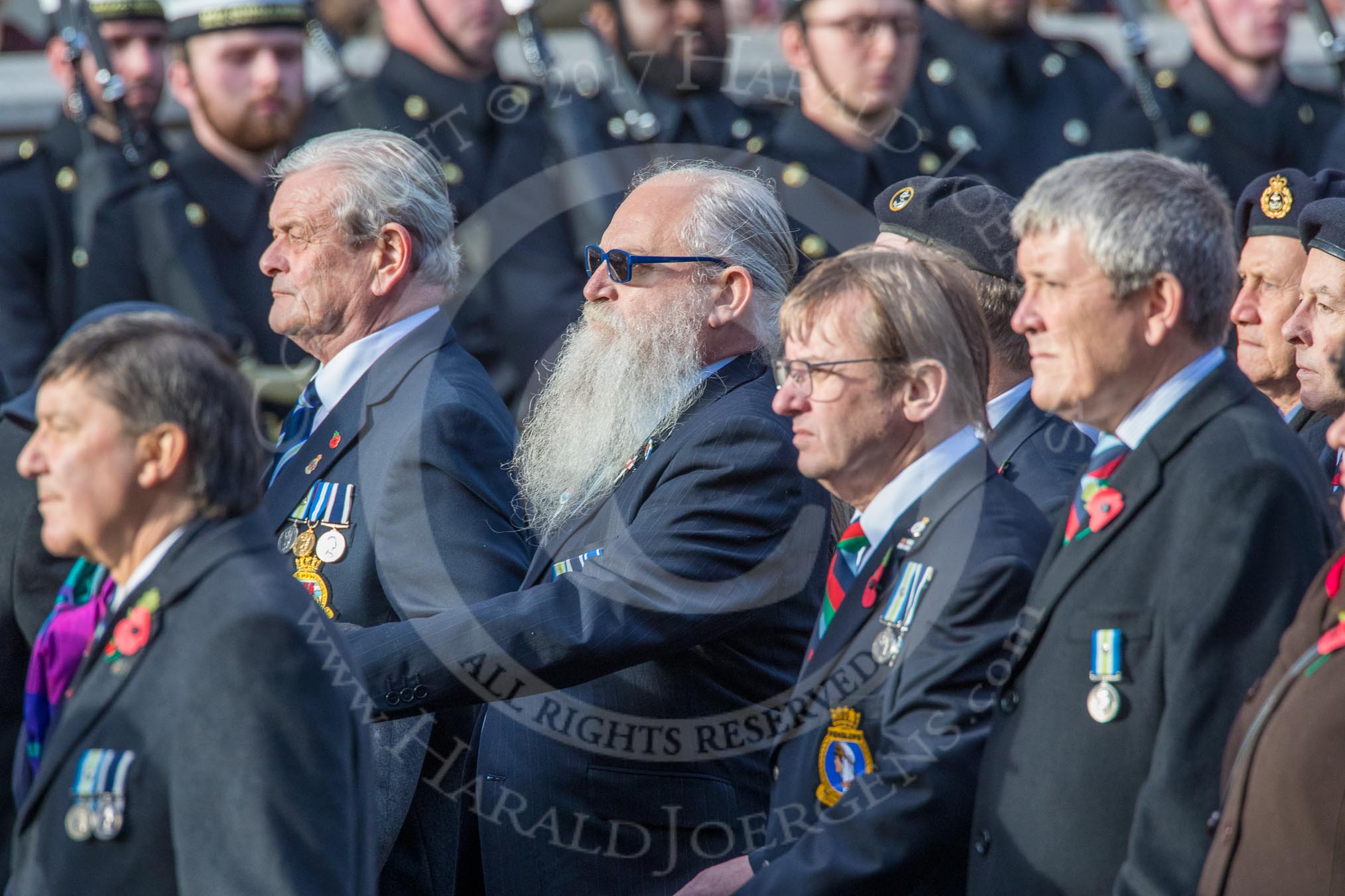 The South Atlantic Medal Association 1982 (Group F17, 150 members) during the Royal British Legion March Past on Remembrance Sunday at the Cenotaph, Whitehall, Westminster, London, 11 November 2018, 11:52.