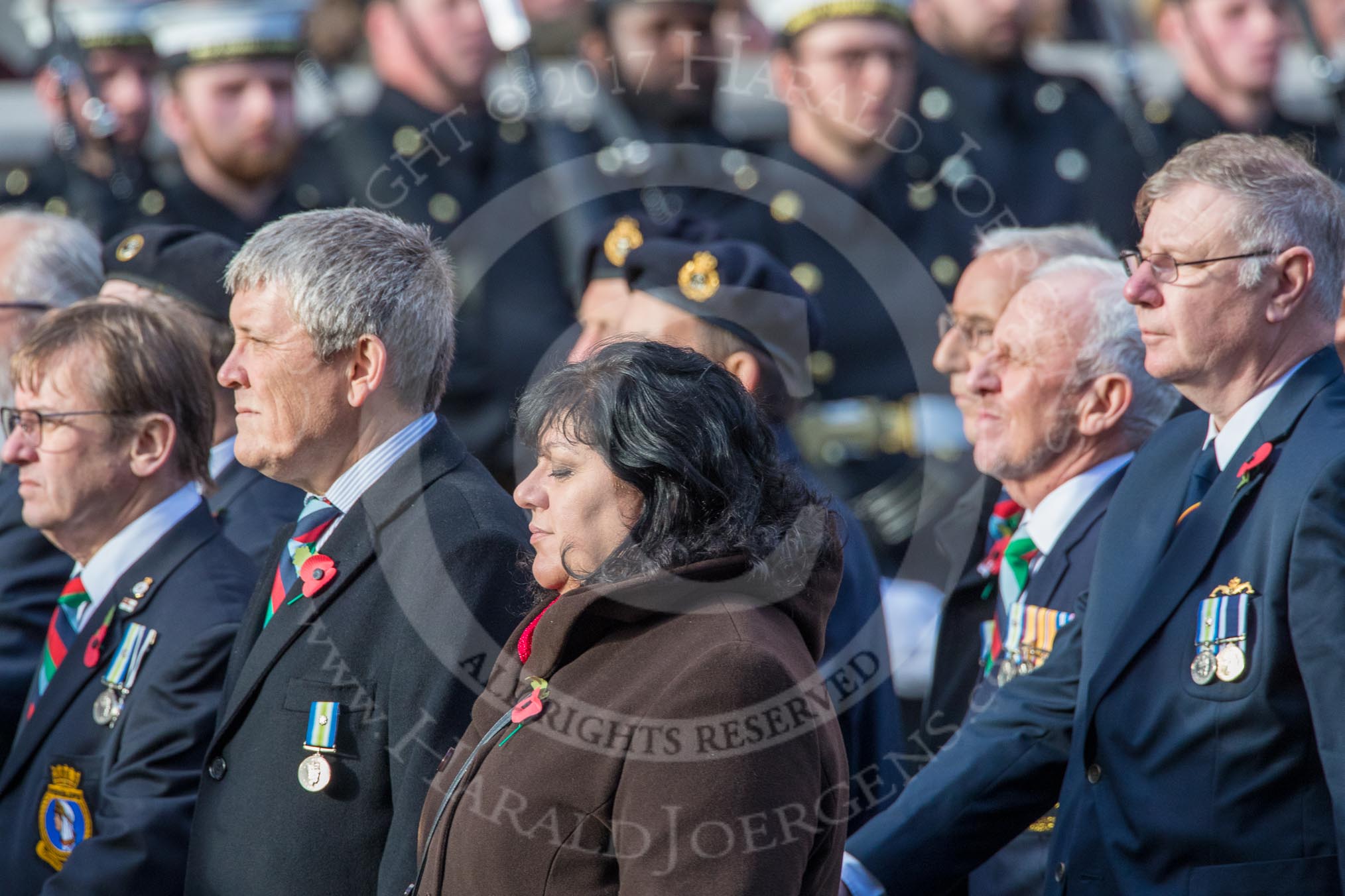 The South Atlantic Medal Association 1982 (Group F17, 150 members) during the Royal British Legion March Past on Remembrance Sunday at the Cenotaph, Whitehall, Westminster, London, 11 November 2018, 11:52.