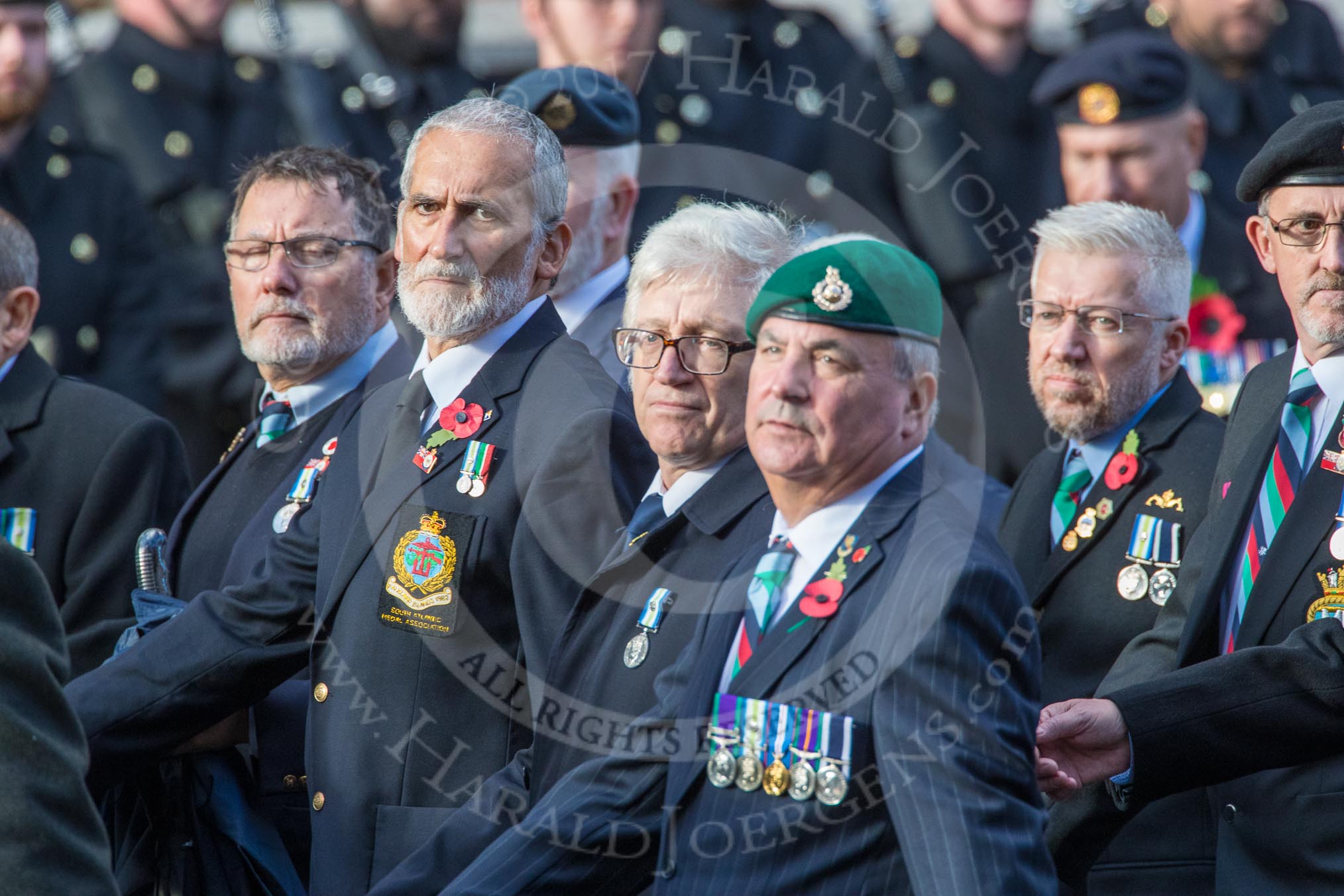 The South Atlantic Medal Association 1982 (Group F17, 150 members) during the Royal British Legion March Past on Remembrance Sunday at the Cenotaph, Whitehall, Westminster, London, 11 November 2018, 11:52.