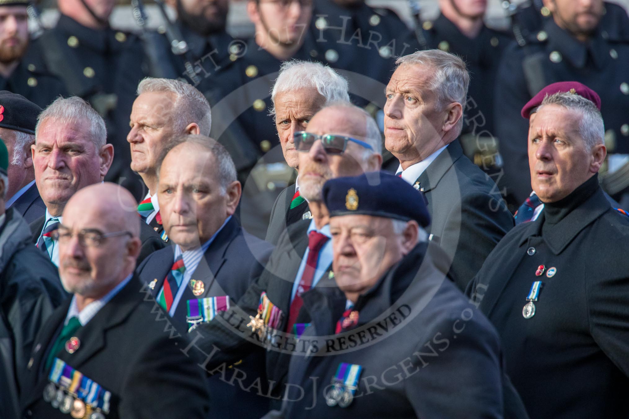 The South Atlantic Medal Association 1982 (Group F17, 150 members) during the Royal British Legion March Past on Remembrance Sunday at the Cenotaph, Whitehall, Westminster, London, 11 November 2018, 11:53.