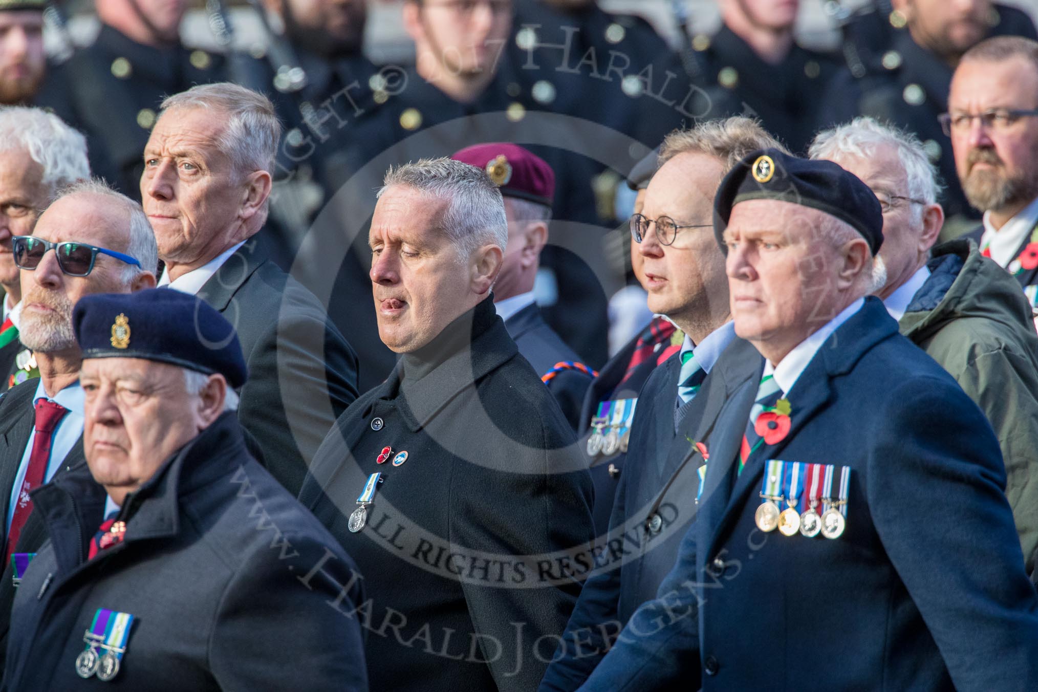 The South Atlantic Medal Association 1982 (Group F17, 150 members) during the Royal British Legion March Past on Remembrance Sunday at the Cenotaph, Whitehall, Westminster, London, 11 November 2018, 11:53.