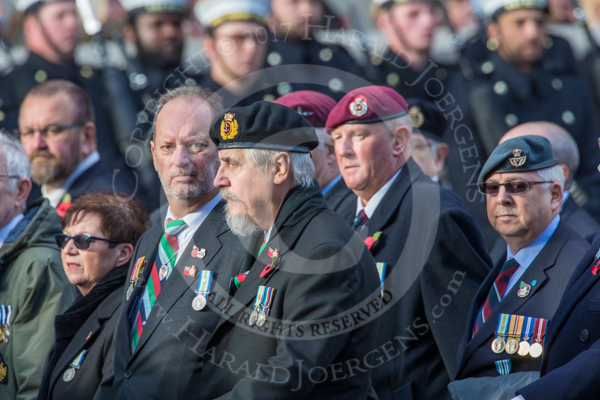 The South Atlantic Medal Association 1982 (Group F17, 150 members) during the Royal British Legion March Past on Remembrance Sunday at the Cenotaph, Whitehall, Westminster, London, 11 November 2018, 11:53.