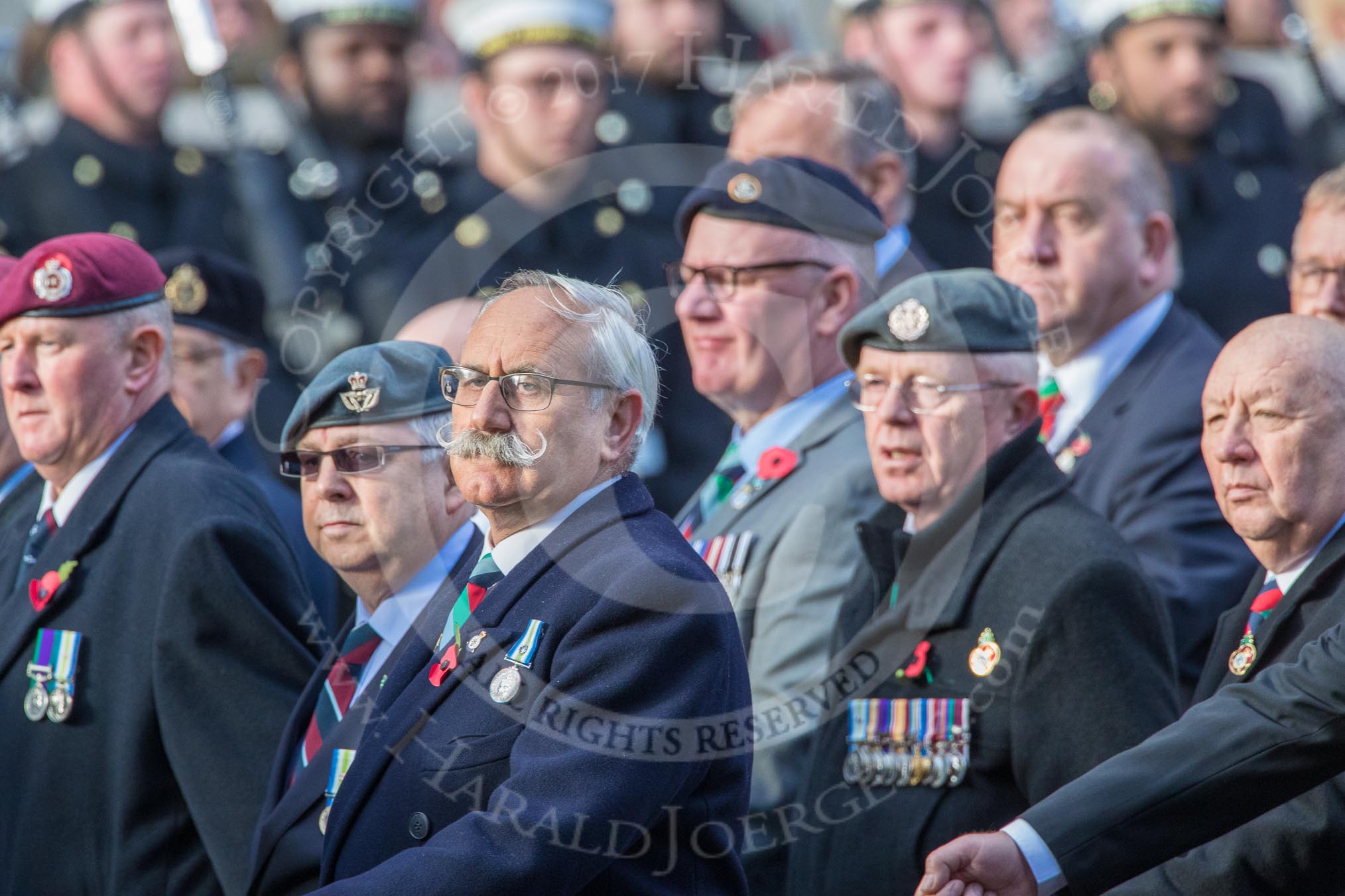 The South Atlantic Medal Association 1982 (Group F17, 150 members) during the Royal British Legion March Past on Remembrance Sunday at the Cenotaph, Whitehall, Westminster, London, 11 November 2018, 11:53.
