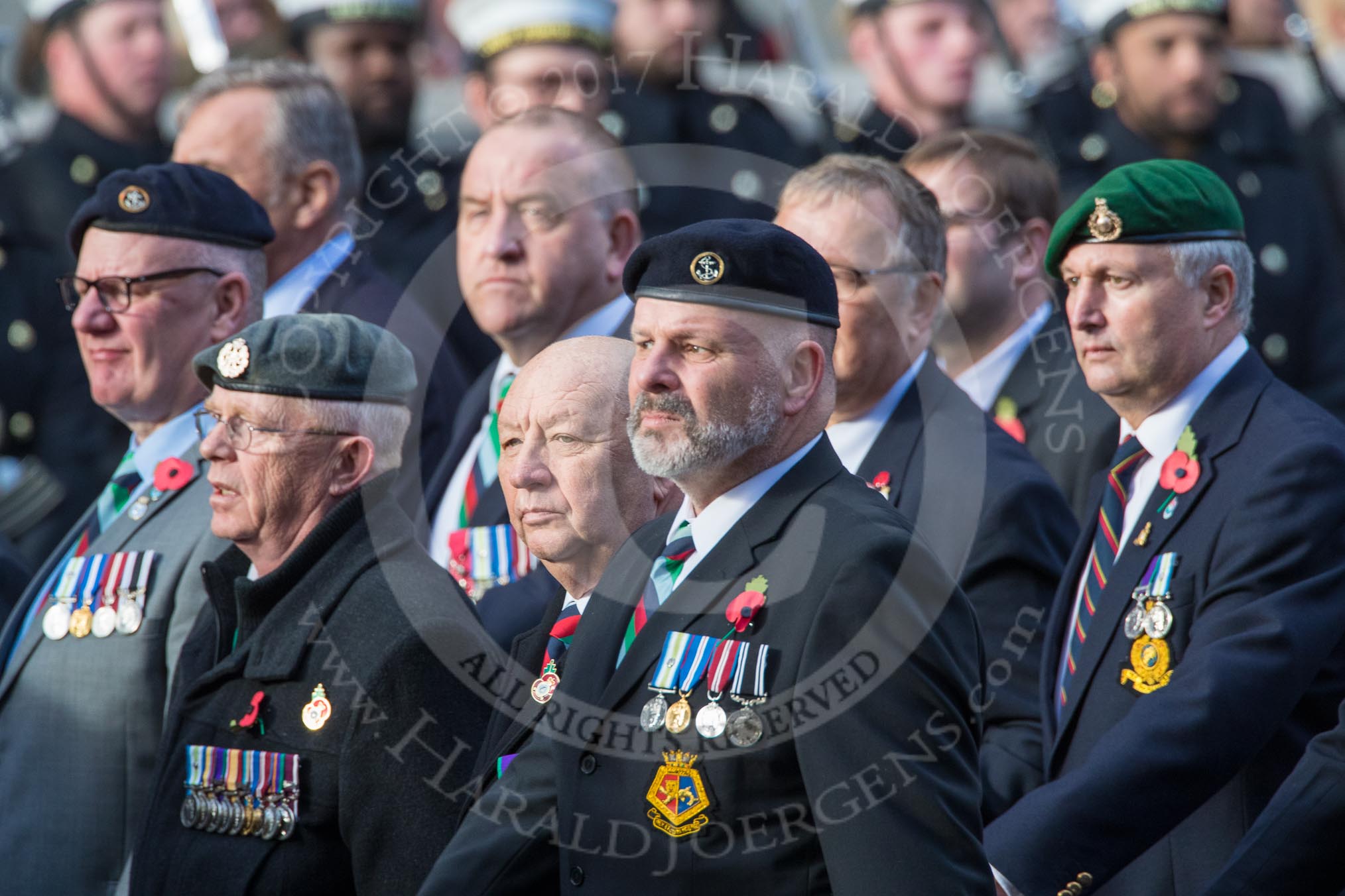 The South Atlantic Medal Association 1982 (Group F17, 150 members) during the Royal British Legion March Past on Remembrance Sunday at the Cenotaph, Whitehall, Westminster, London, 11 November 2018, 11:53.