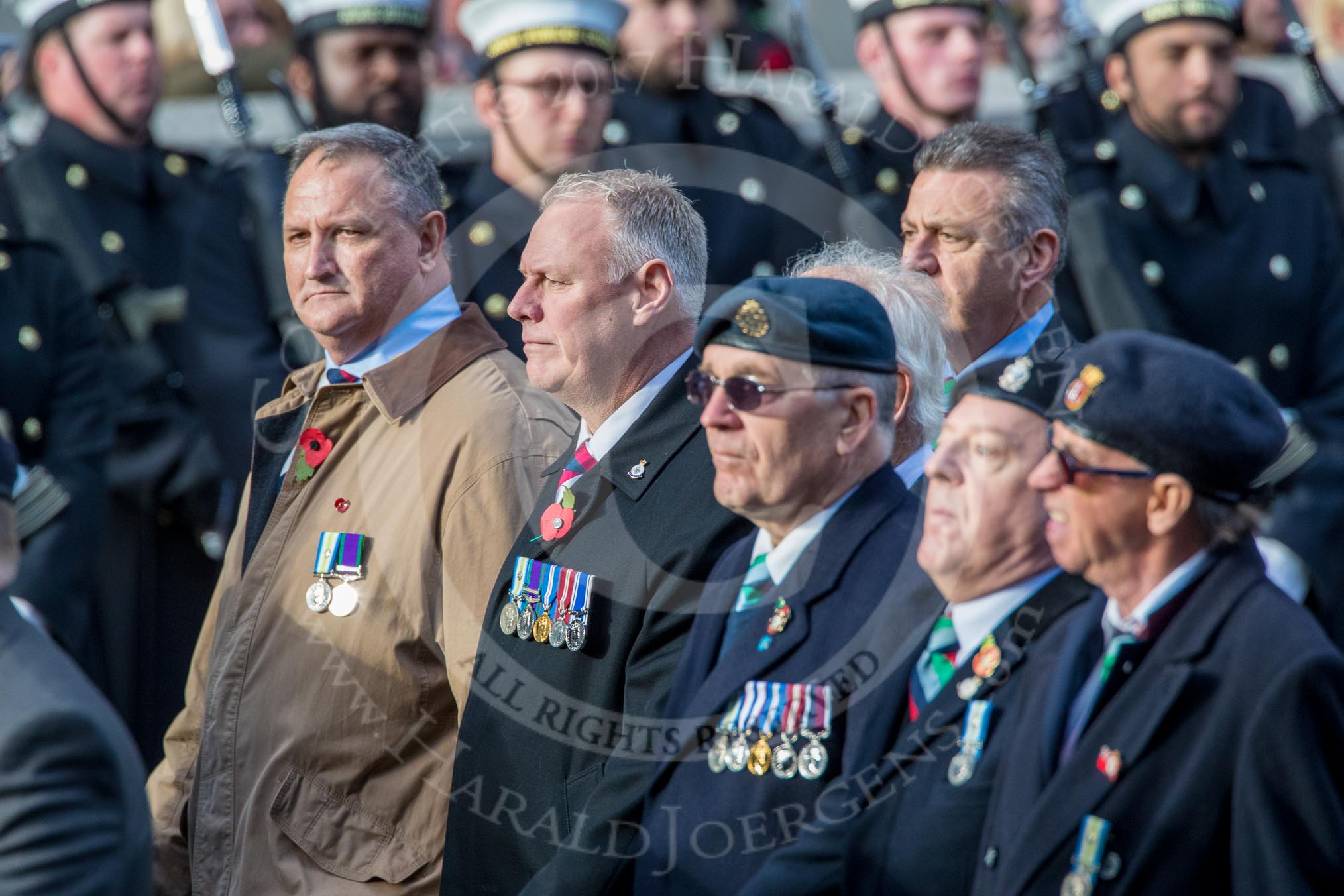 The South Atlantic Medal Association 1982 (Group F17, 150 members) during the Royal British Legion March Past on Remembrance Sunday at the Cenotaph, Whitehall, Westminster, London, 11 November 2018, 11:53.