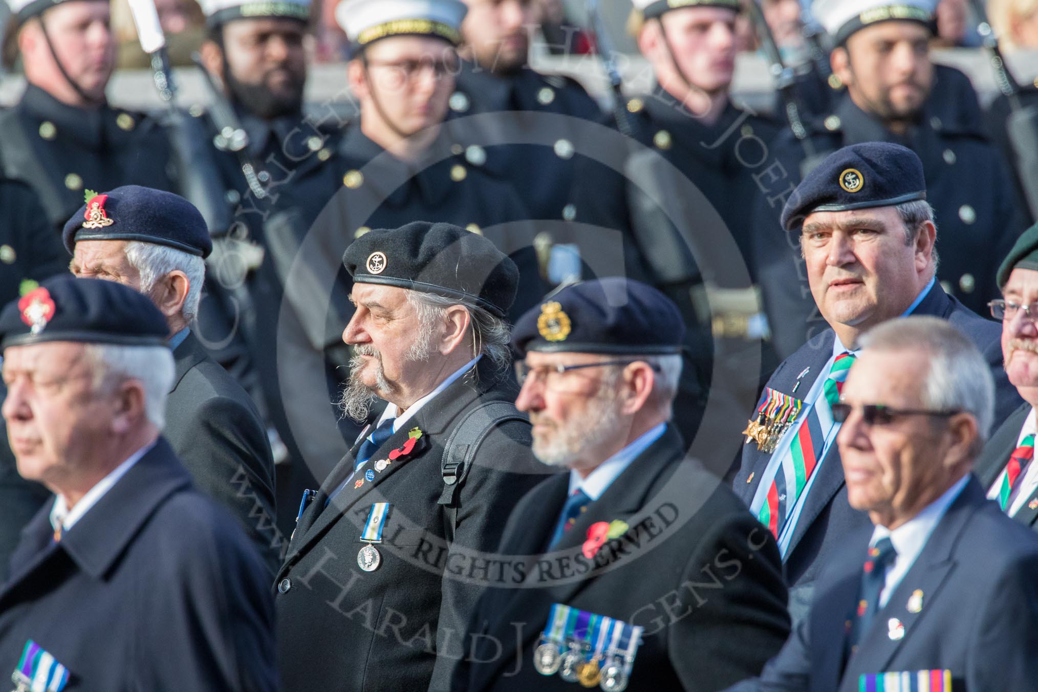 The South Atlantic Medal Association 1982 (Group F17, 150 members) during the Royal British Legion March Past on Remembrance Sunday at the Cenotaph, Whitehall, Westminster, London, 11 November 2018, 11:53.