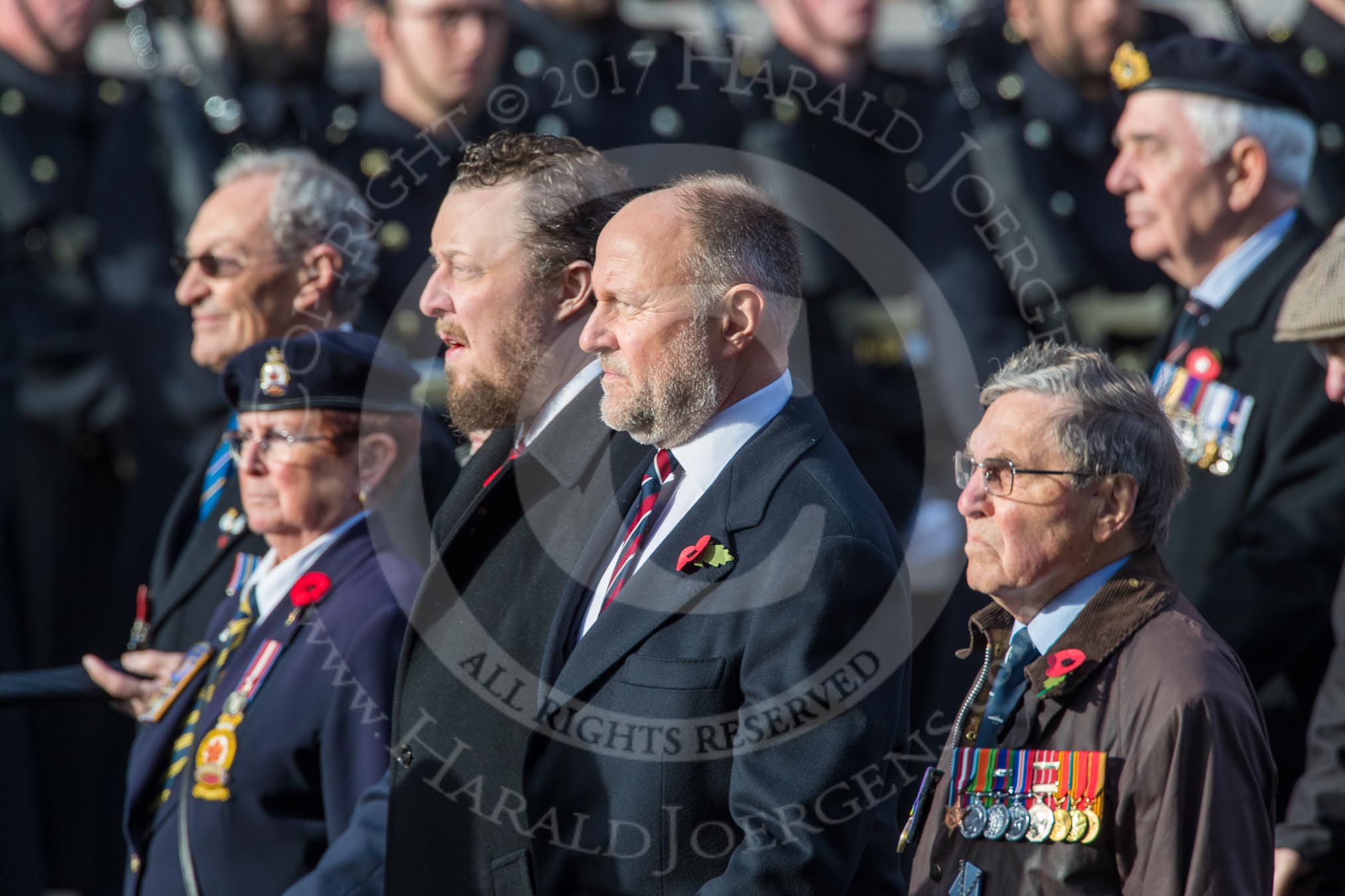The South Atlantic Medal Association 1982 (Group F17, 150 members) during the Royal British Legion March Past on Remembrance Sunday at the Cenotaph, Whitehall, Westminster, London, 11 November 2018, 11:53.