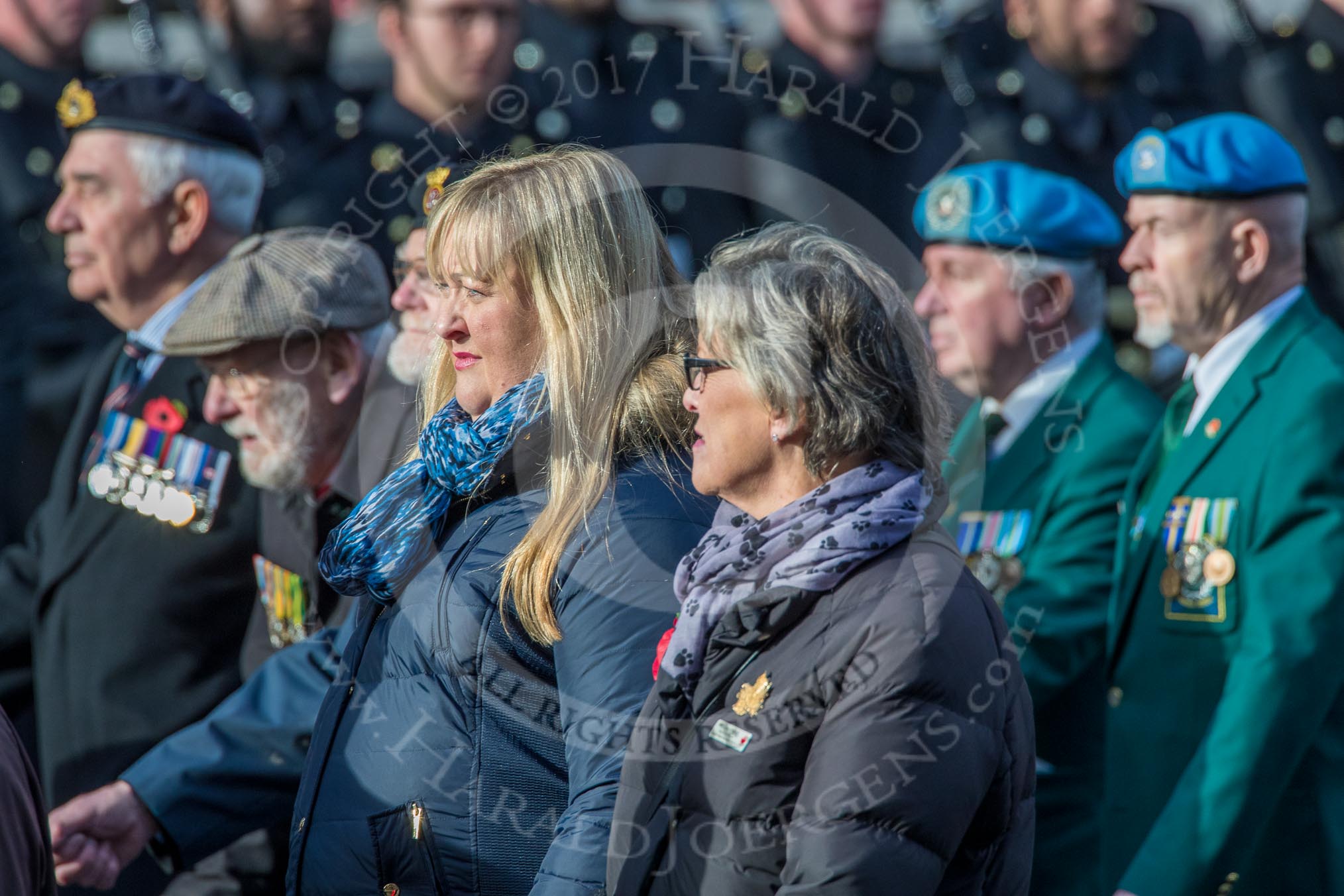 The South Atlantic Medal Association 1982 (Group F17, 150 members) during the Royal British Legion March Past on Remembrance Sunday at the Cenotaph, Whitehall, Westminster, London, 11 November 2018, 11:53.