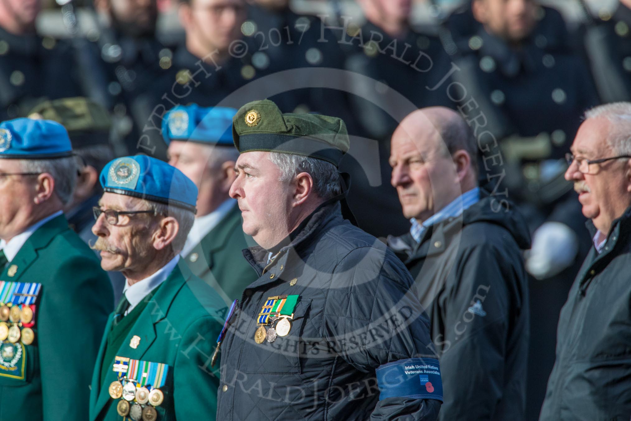 Irish United Nations Veterans Association  (Group F18, 14 members) during the Royal British Legion March Past on Remembrance Sunday at the Cenotaph, Whitehall, Westminster, London, 11 November 2018, 11:53.