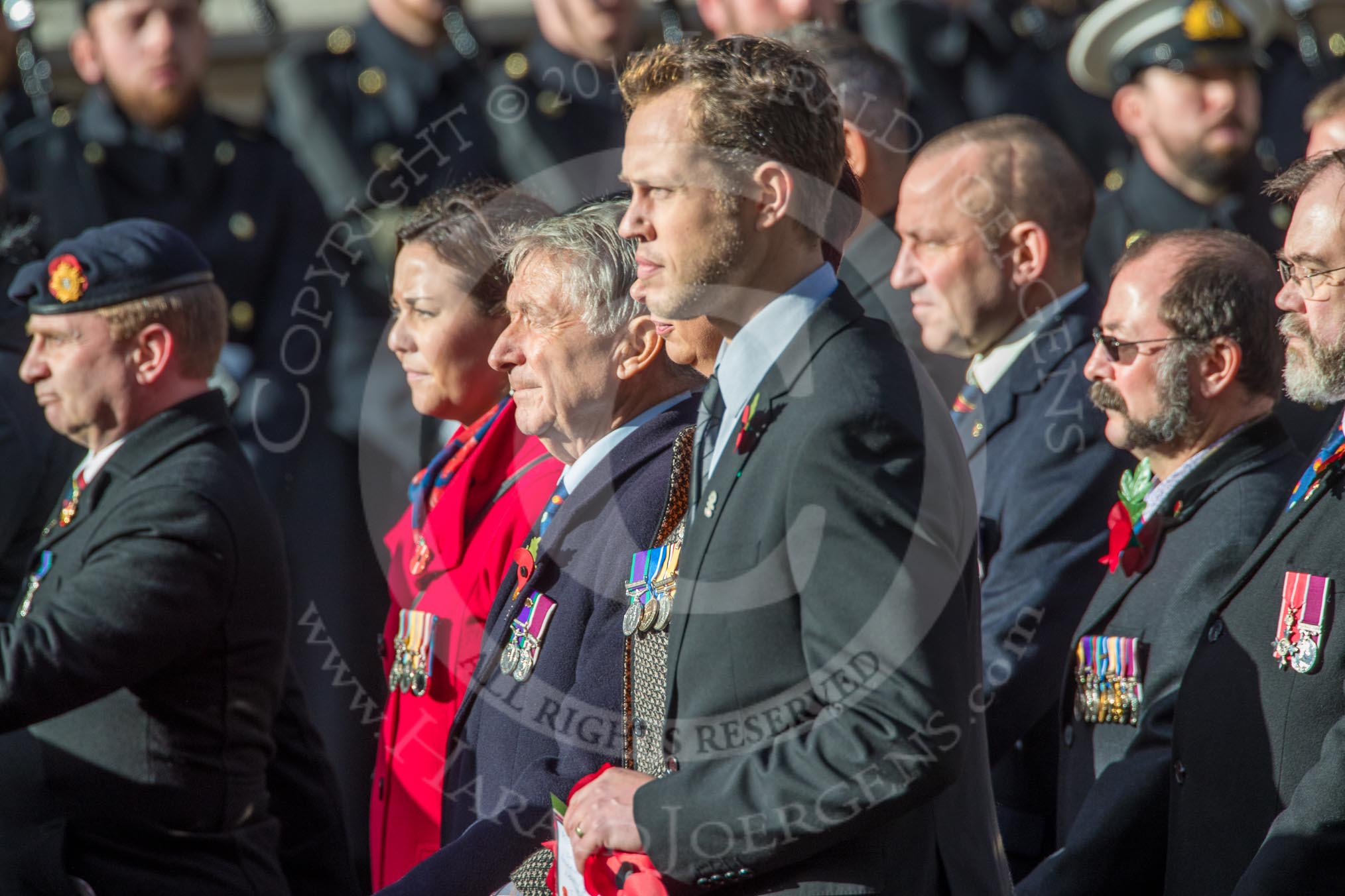 The Cheshire and North Wales Volunteer Decoration and Long Service Medallist’s Association (Group F29, 24 members) during the Royal British Legion March Past on Remembrance Sunday at the Cenotaph, Whitehall, Westminster, London, 11 November 2018, 11:54.