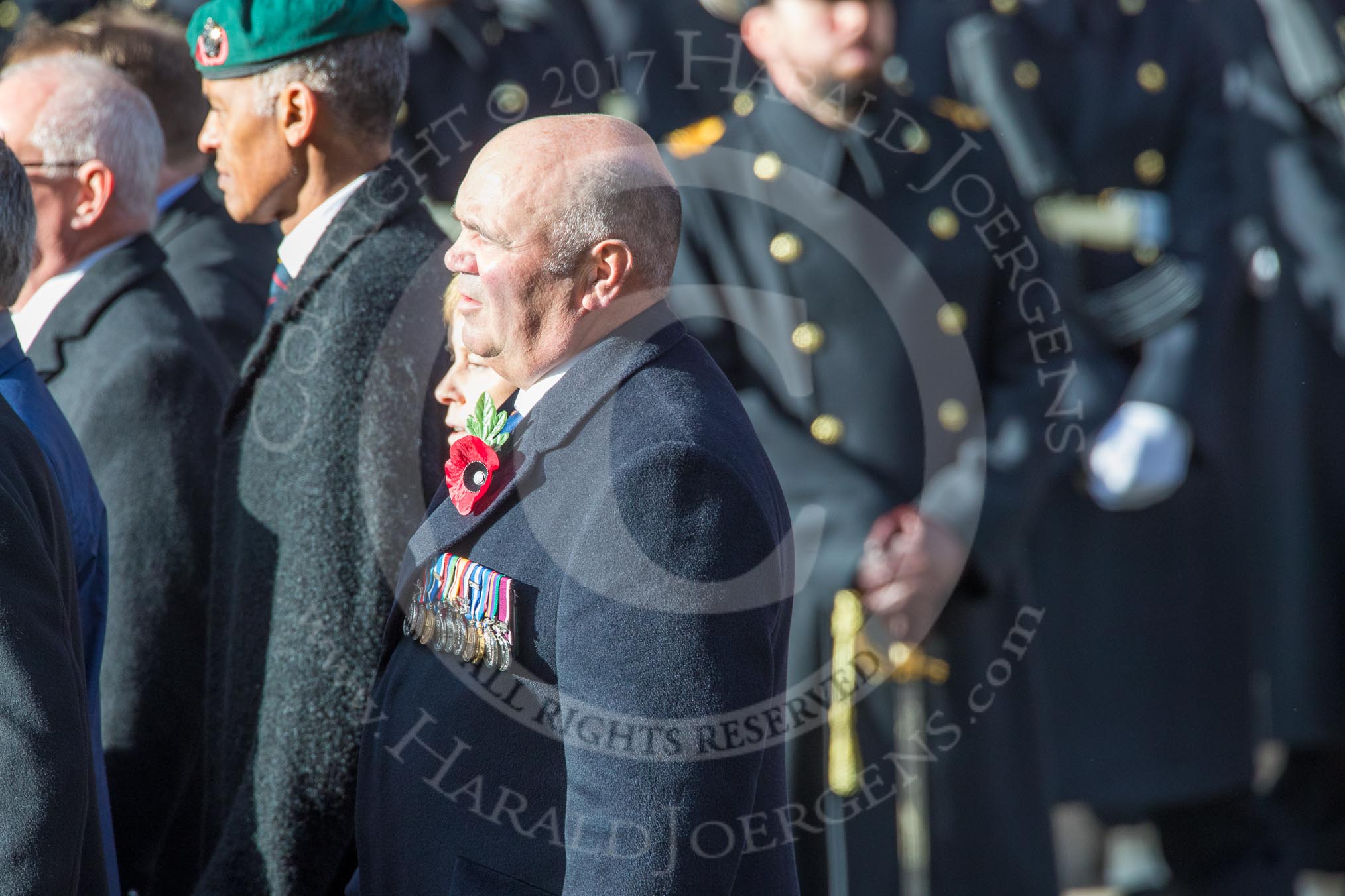 The Cheshire and North Wales Volunteer Decoration and Long Service Medallist’s Association (Group F29, 24 members) during the Royal British Legion March Past on Remembrance Sunday at the Cenotaph, Whitehall, Westminster, London, 11 November 2018, 11:54.