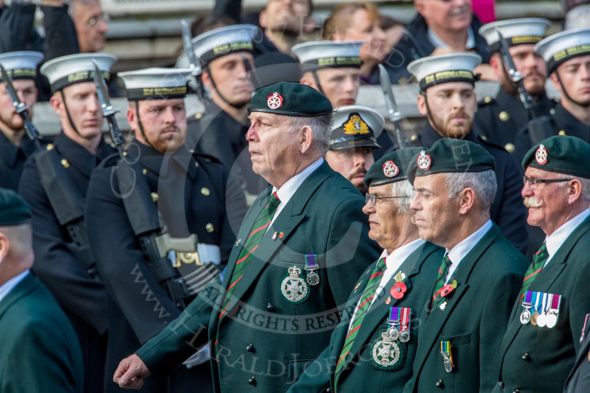 Royal Green Jackets (Group A2, 153 members) during the Royal British Legion March Past on Remembrance Sunday at the Cenotaph, Whitehall, Westminster, London, 11 November 2018, 11:55.