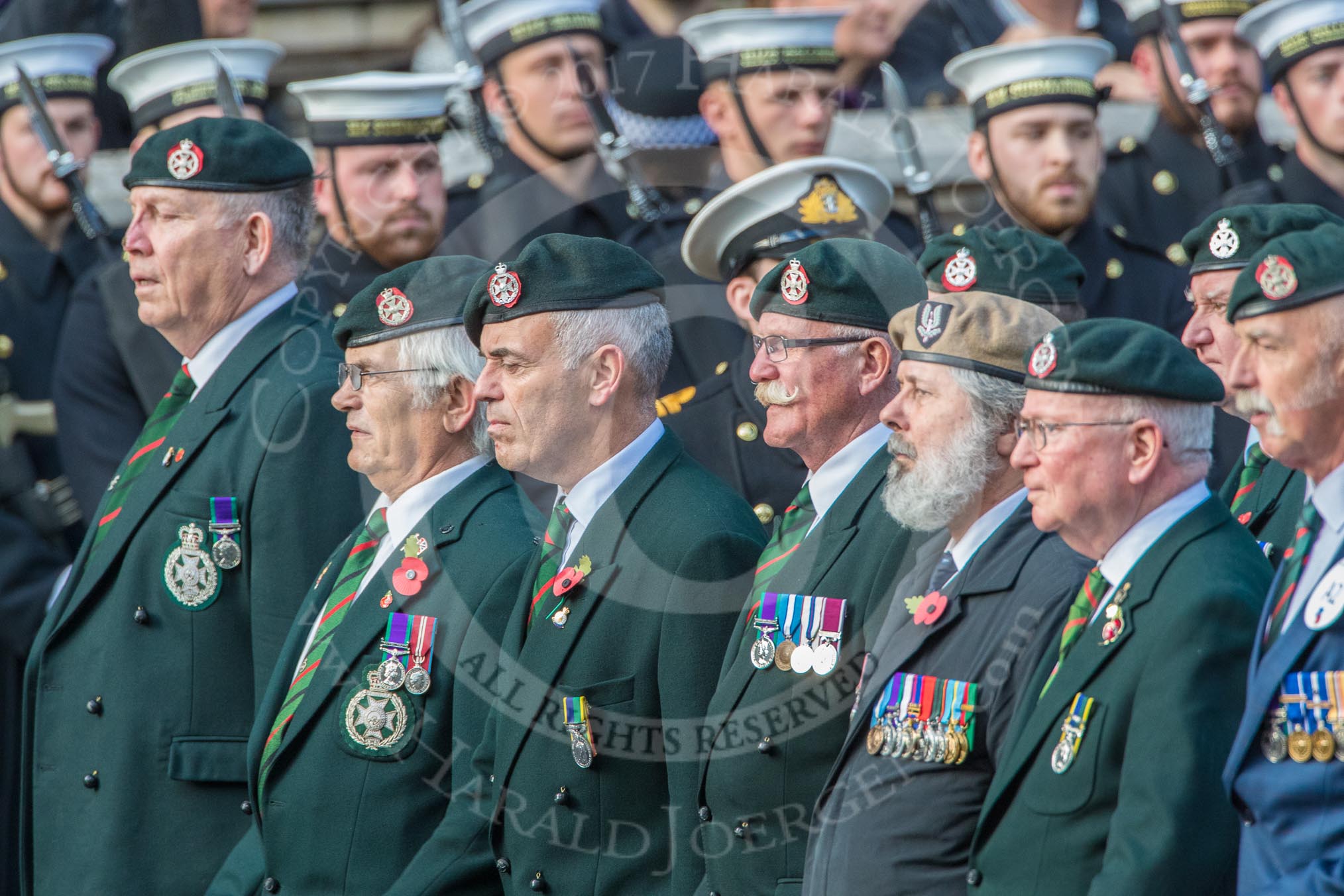 Royal Green Jackets (Group A2, 153 members) during the Royal British Legion March Past on Remembrance Sunday at the Cenotaph, Whitehall, Westminster, London, 11 November 2018, 11:55.