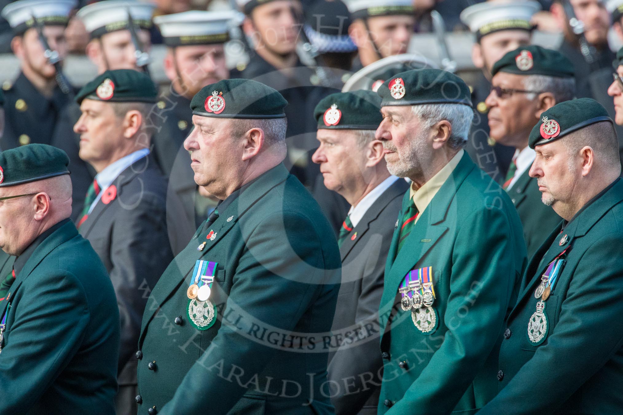 Royal Green Jackets (Group A2, 153 members) during the Royal British Legion March Past on Remembrance Sunday at the Cenotaph, Whitehall, Westminster, London, 11 November 2018, 11:55.